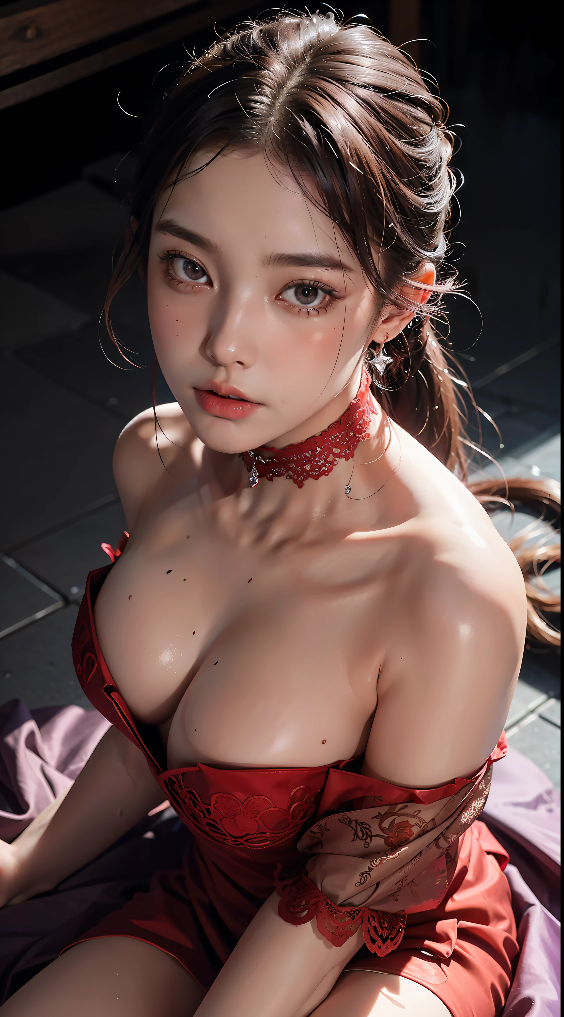 Close-up, (neon, night view, Dutch angle, from above, strapless: 1.3), masterpiece, top quality, raw photo, photorealistic, off-shoulder, red lace dress, red choker, reddish-purple eyes, up, upper body, cleavage, face light, shiny skin, film grain, chromatic aberration, absurdity, high resolution, ultra detail, detail, detailed eyes and face, sharp pupils, realistic pupils, sharp focus, sexy inviting pose, crotch opening, full body, posing to take pictures, sweating, wet skin, shy, red cheeks, embarrassed, full body wet, lying down, disheveled, whole body wet, whole body in the picture, thin and beautiful long legs