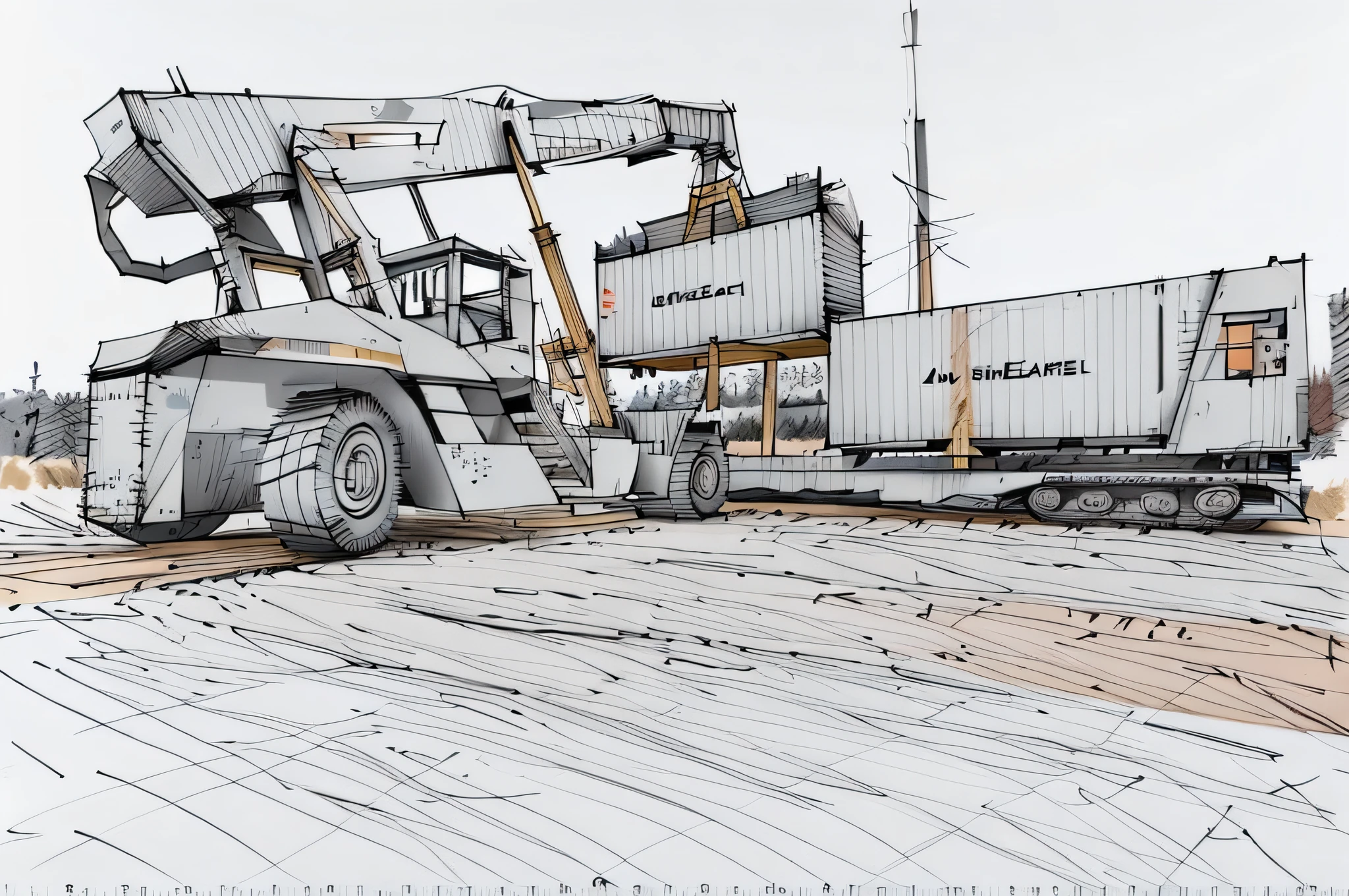 linear, gray, white background, simple background, sketch, sketch, pen_sketch_style, there is a large bulldozer that lifts the container, loading, heavy machinery, truck, large shovel, mining scrap metal, gravel, hard work, massive construction machines