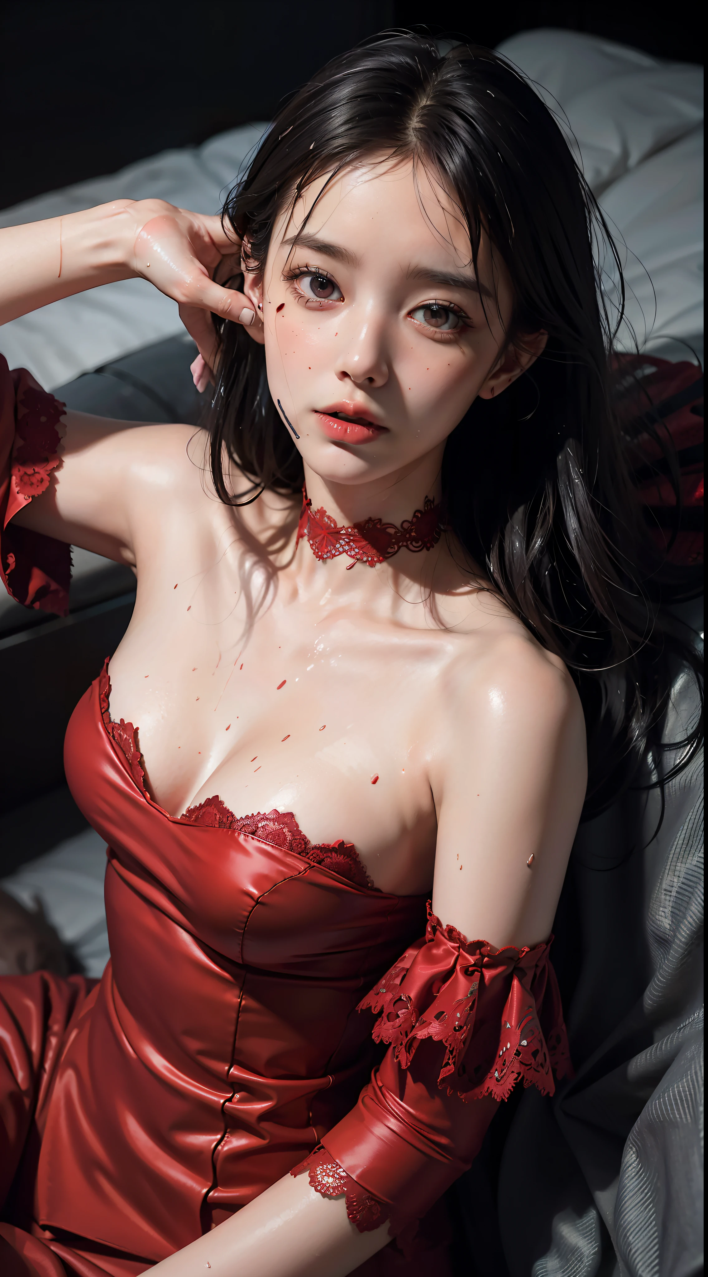 Close-up, (neon, night view, Dutch angle, from above, strapless: 1.3), masterpiece, top quality, raw photo, photorealistic, off-shoulder, red lace dress, red choker, reddish-purple eyes, up, upper body, cleavage, face light, shiny skin, film grain, chromatic aberration, absurdity, high resolution, ultra detail, detail, detailed eyes and face, sharp pupils, realistic pupils, sharp focus, sexy inviting pose, crotch opening, full body, posing to take pictures, sweating, wet skin, shy, red cheeks, embarrassed, full body wet, lying down, disheveled, whole body wet, whole body in the picture, thin and beautiful long legs