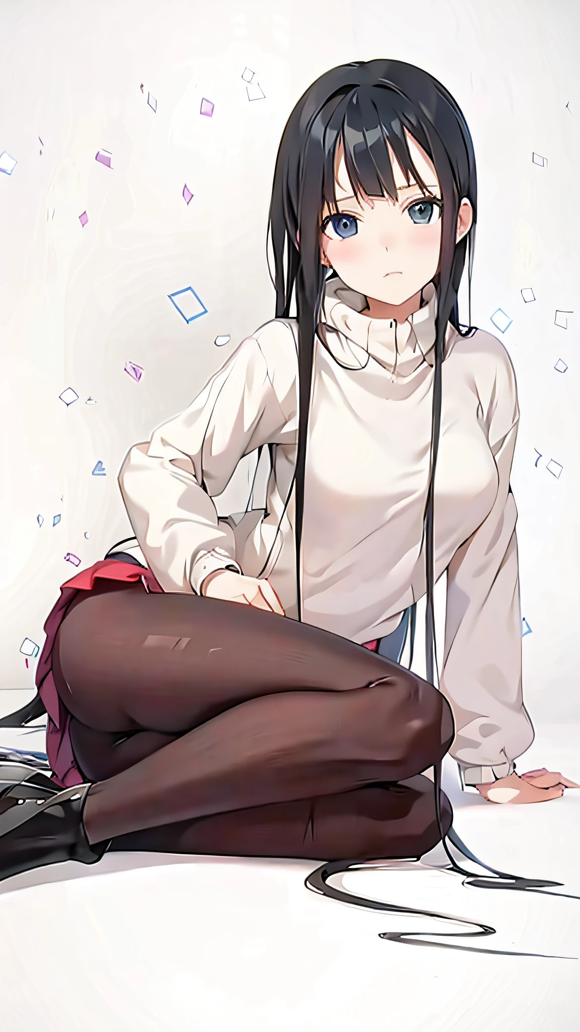 anime girl sitting on the ground with her legs crossed, the anime girl is crouching, beautiful anime girl squatting, anime moe artstyle, mayuri shiina from steins gate, black haired girl wearing hoodie, kantai collection style, hugging her knees, anime visual of a cute girl, ecchi anime style, (anime girl), hinata hyuga