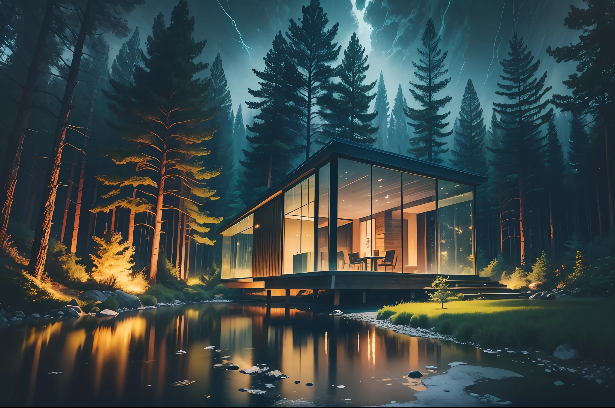 a modern glass house near a stream in a dark forest, perfect photography, digital photography, with bold colors, intense atmosphere, night, tense and mysterious, wide angle lens, shallow depth of field, hdr, high definition, hyper realistic --auto --s2