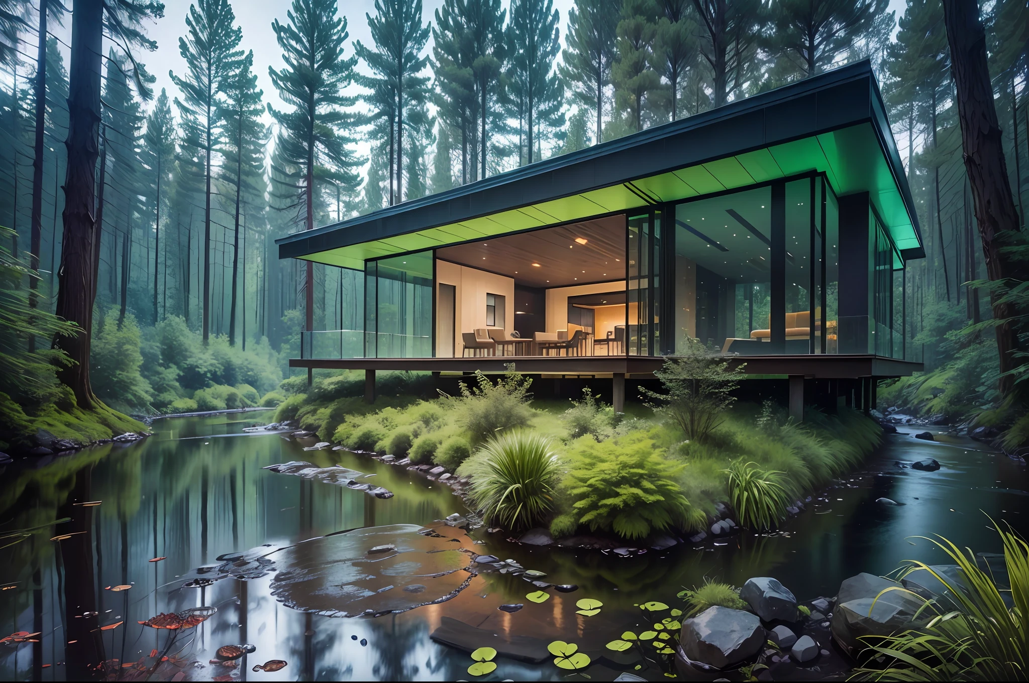 a modern glass house near a stream in a dark forest, perfect photography, digital photography, with bold colors, intense atmosphere, night, tense and mysterious, wide angle lens, shallow depth of field, hdr, high definition, hyper realistic --auto --s2