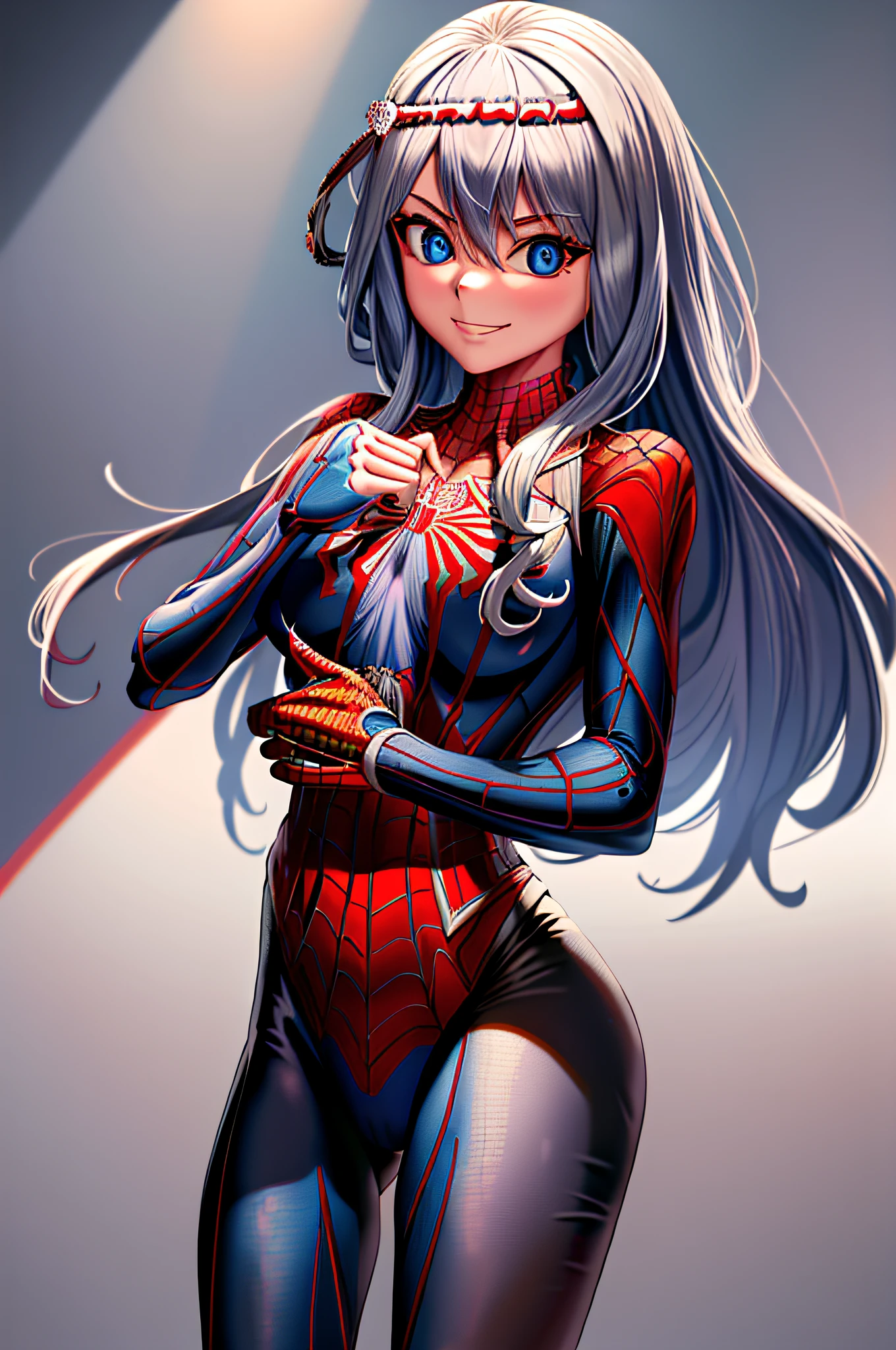 (masterpiece), (best quality), highres, kei1, 1girl, solo, blue eyes, long hair, (((wears a detailed female spiderman costume without mask))) , ribbon, bangs, long hair, collar bone, gray hair, black hair band, neck ribbon, hair between eyes, medium-sized breasts, cowboy shot, smile, (((detailed anatomically correct body with detailed hands)), full detallado escenario