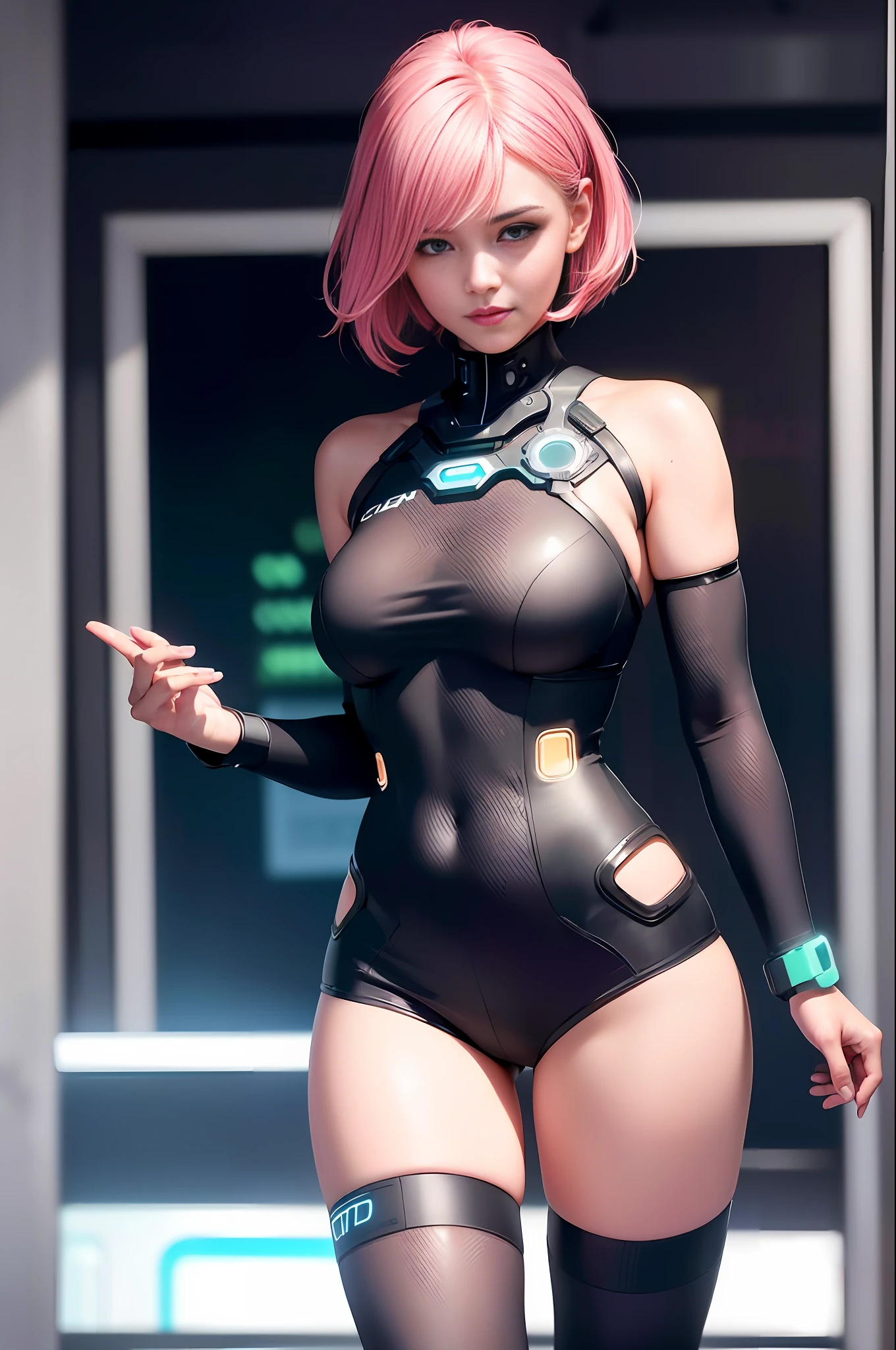 (ultra high res,photorealistic,realistic,best quality,photo-realistic),
(8k, raw photo, best quality, masterpiece),
(photon mapping, radiosity, physically-based rendering,automatic white balance),
technological sense, best quality, masterpiece, illustration,CG ,unity ,wallpaper, official art,
Amazing, finely detail, an extremely delicate and beautiful,extremely detailed,
highly detailed, sharp focus,rich background,blurry background,
(real person,photograph),
(((high detailed skin,visible pores))),1 girl,full body,(((Ghost In The Shell)))
(((face close-up,haunting smile,moist lips))),
((irises and pupils are rounded,the pupil reflects the surroundings)),
((Big eyes,perfect eyes,watery eyes)),
((short hair,pink hair,thick bangs)),
((small breasts)), ((Cyberpunk 2077,Future, City, skyscraper)), (((Neon, Display Screen, Advertising))), Night, Flooding, Reflection,Tight white combat uniform, stainless steel,LED,laser,((Data cable, optical fiber, computer,VR)),current, 25 years old woman, lean hip:1.1, rested happy face, determined look, scene from a future worker life