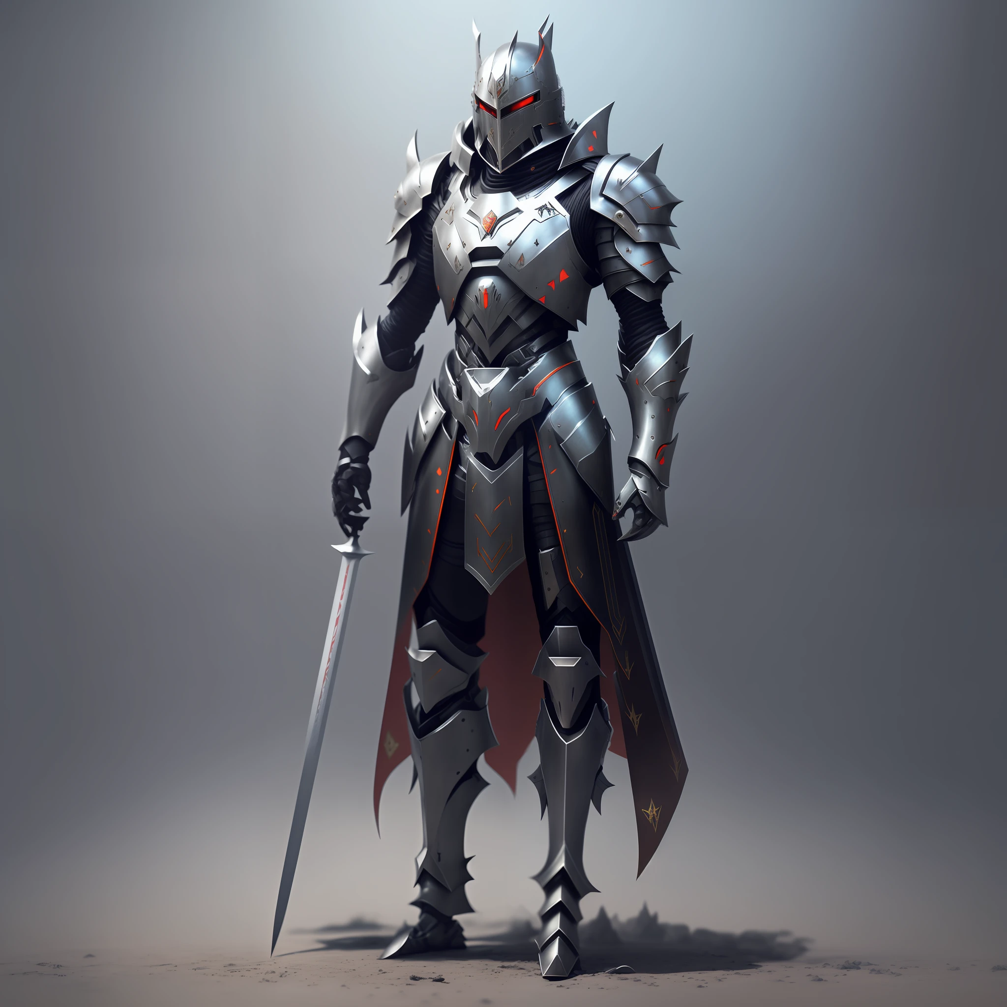arafed knight with a sword and armor standing in a studio environment, armored warrior, fantasy warrior in full armor, concept armor, futuristic armor, saudi futuristic warrior mecha, armored knight, minimal design armor style, render of heavy fantasy armor, wearing futuristic armor, evil knight, amazing 8k character concept art, warrior in sci-fi armour