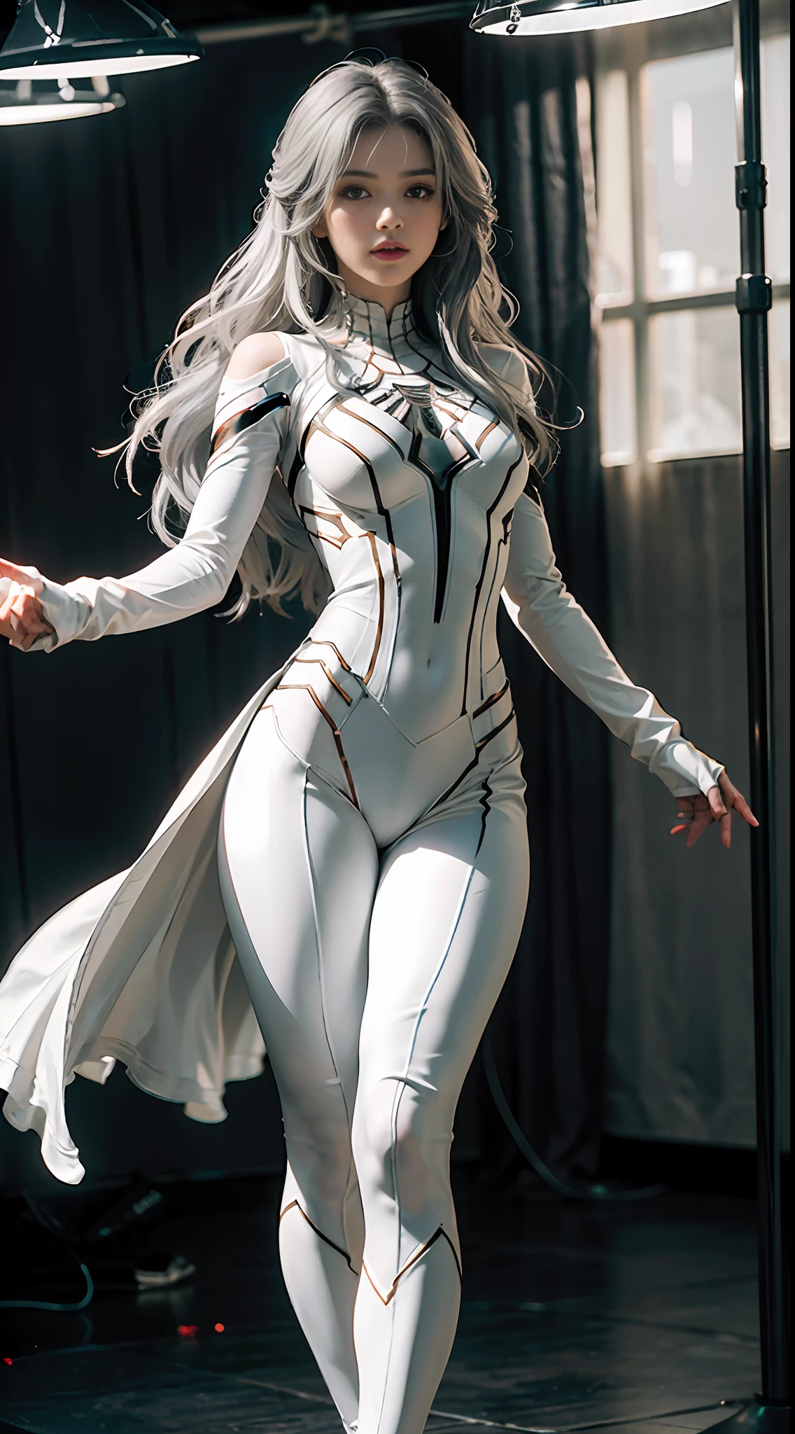 (Extreme Detail CG Unity 8K wallpaper, masterpiece, highest quality), (exquisite lighting and shadow, highly dramatic picture, cinematic lens effect), a girl in a white Spider-Man costume, silver gray hair color, from parallel universes, Marvel, Spider-Man, standing in an empty dance studio, dynamic pose), (excellent detail, outstanding lighting, wide angles), (excellent rendering, enough to stand out in its class), with a focus on the white Spider-Man costume