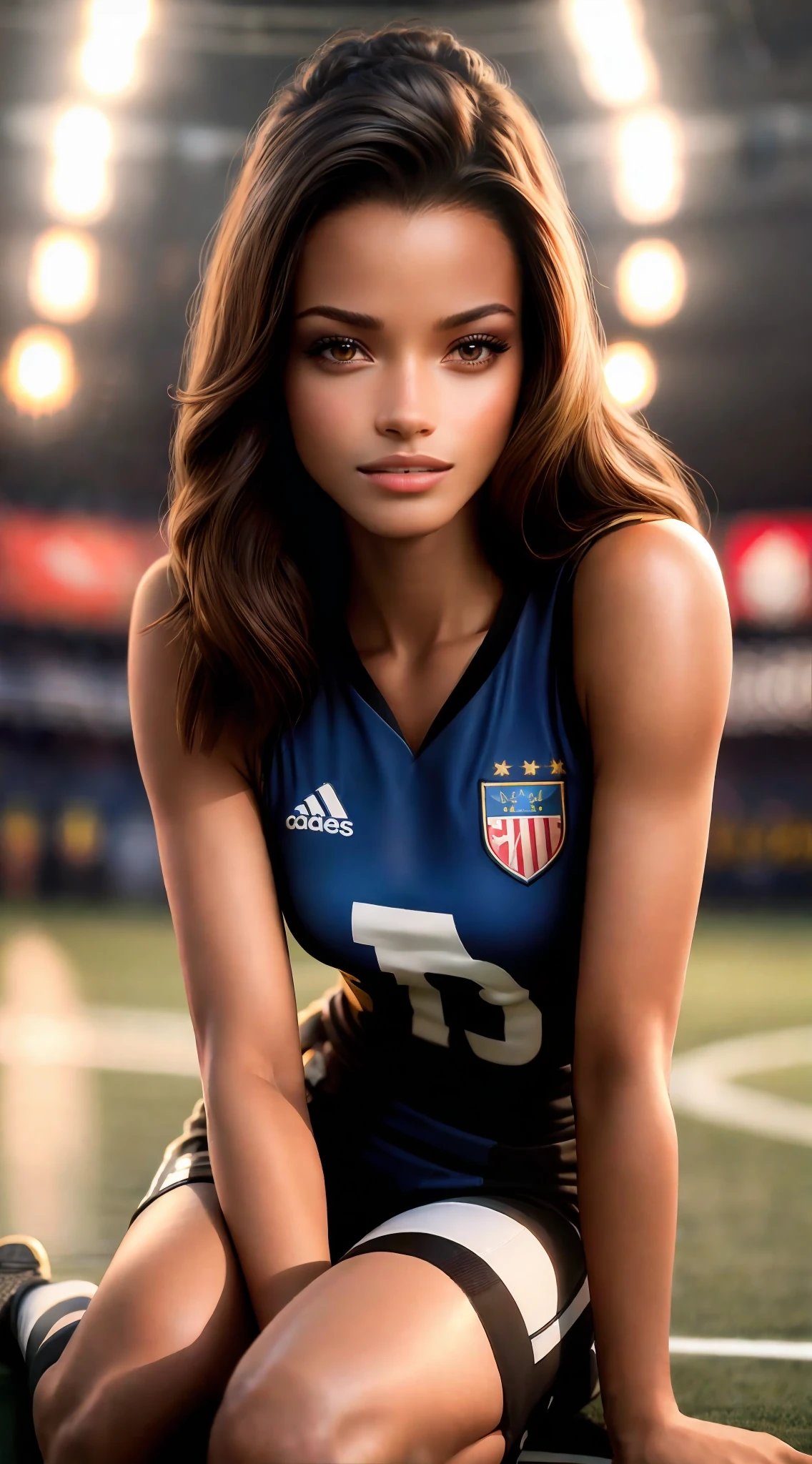 masterpiece, best quality, 8k, sharp focus, depth of field, best shadows, perfect lights, HDR, realistic skin texture, hyper detailed background, photorealistic, RAW photo, realism: 1,2, 1 woman, she is Ella Balinska playing a spy, sexy, beautiful, beautiful, straight long hair, sleveless, olied skin, realistic skin texture, studio lights, in a soccer stadio, wearing soccer clothes, long socks, cowboyshot