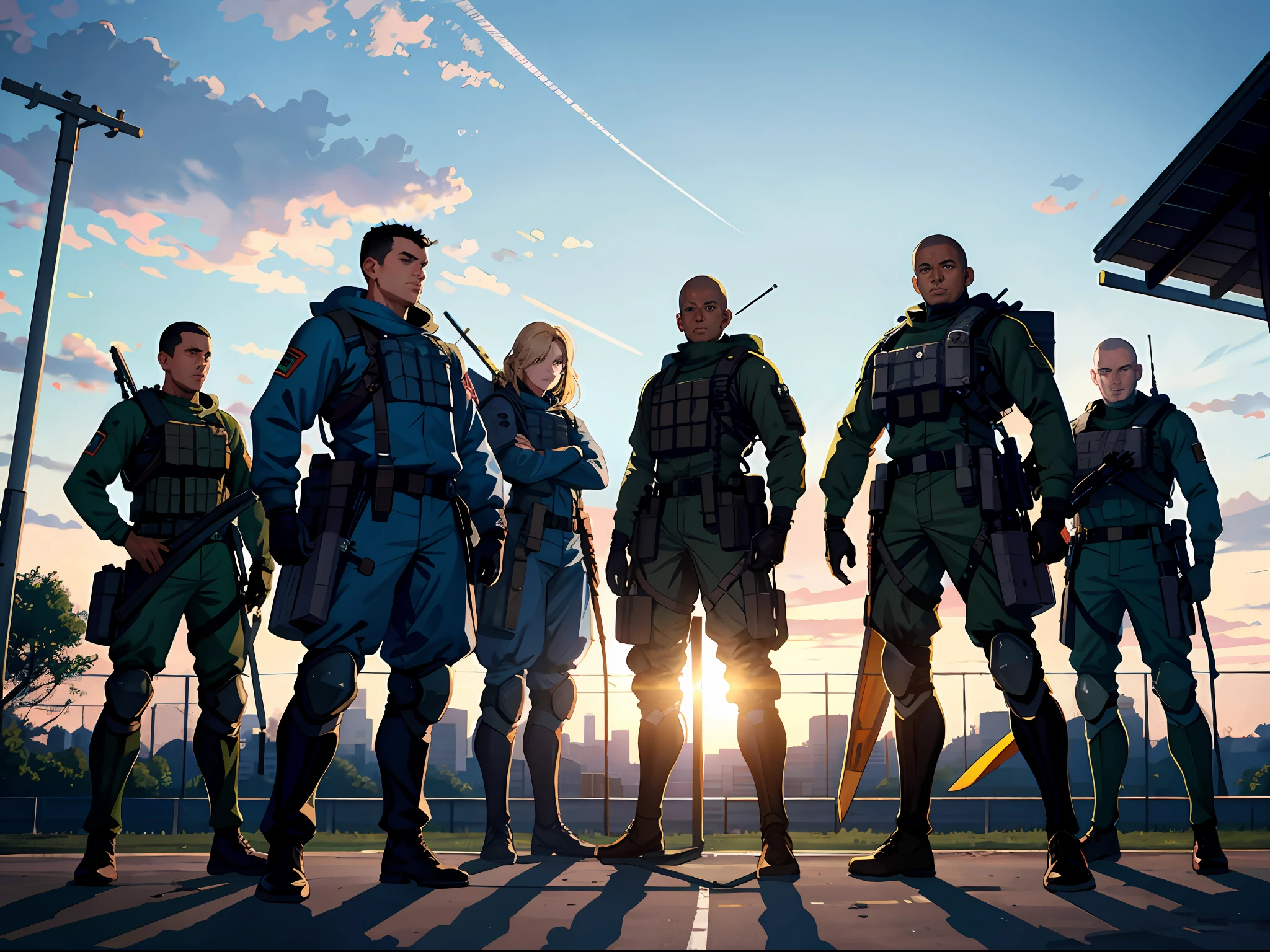 HD clear, best images, illustrations, super detailed, a squad of soldiers, standing on the playground