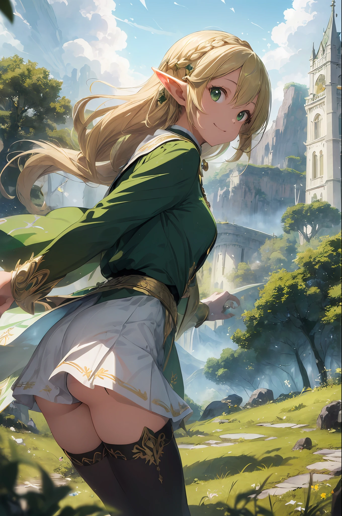 (((Masterpiece, highest quality, precision, ultra-detail)))), (Fantasy)), ((Elf woman)))), (Gold embroidered white miniskirt))))), (Green surcoat with gold embroidery), (Blonde long braided hair), (Big, shining dark green eyes), ((Big)), (Thunderclouds in the distance), (Towering mountain ranges), (dense spreading forest), smile, (( A big tower in the forest)), (grassland in the foreground), breeze, dynamic angle, fisheye view
