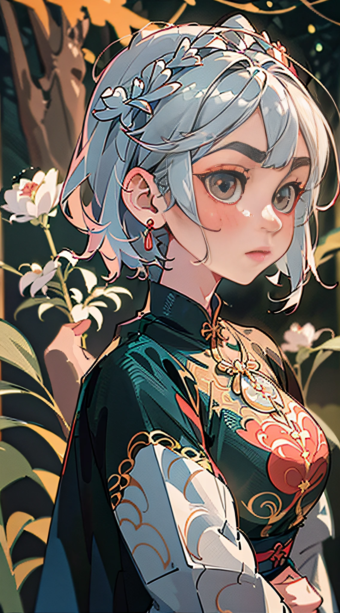 (Masterpiece, Best Quality), Masterpiece, Super Detailed, Super HD, High Quality, Highest Quality, 32k, Chinese Guochao Culture, Guochao Style, Guochao Style, Guofeng Color Matching, ((Delicate and Beautiful Face, Super Pretty)), ((Super Delicate Big Eyes, Focused Eyes))), Maiden in Cheongsam, Red Cheongsam, Epic Composition, Short Silver Hair, Gorgeous Costumes, Intricate Design, Hair Accessories, Earrings, Walking on the Street, Night, Charming Expressions, Upper Body, Close-up, Amazing Facial Features, Short flowing hair, neck exposed, complex design, simple background, background blur, stunning lighting, C4D, OC rendering, movie edge light, fine light,