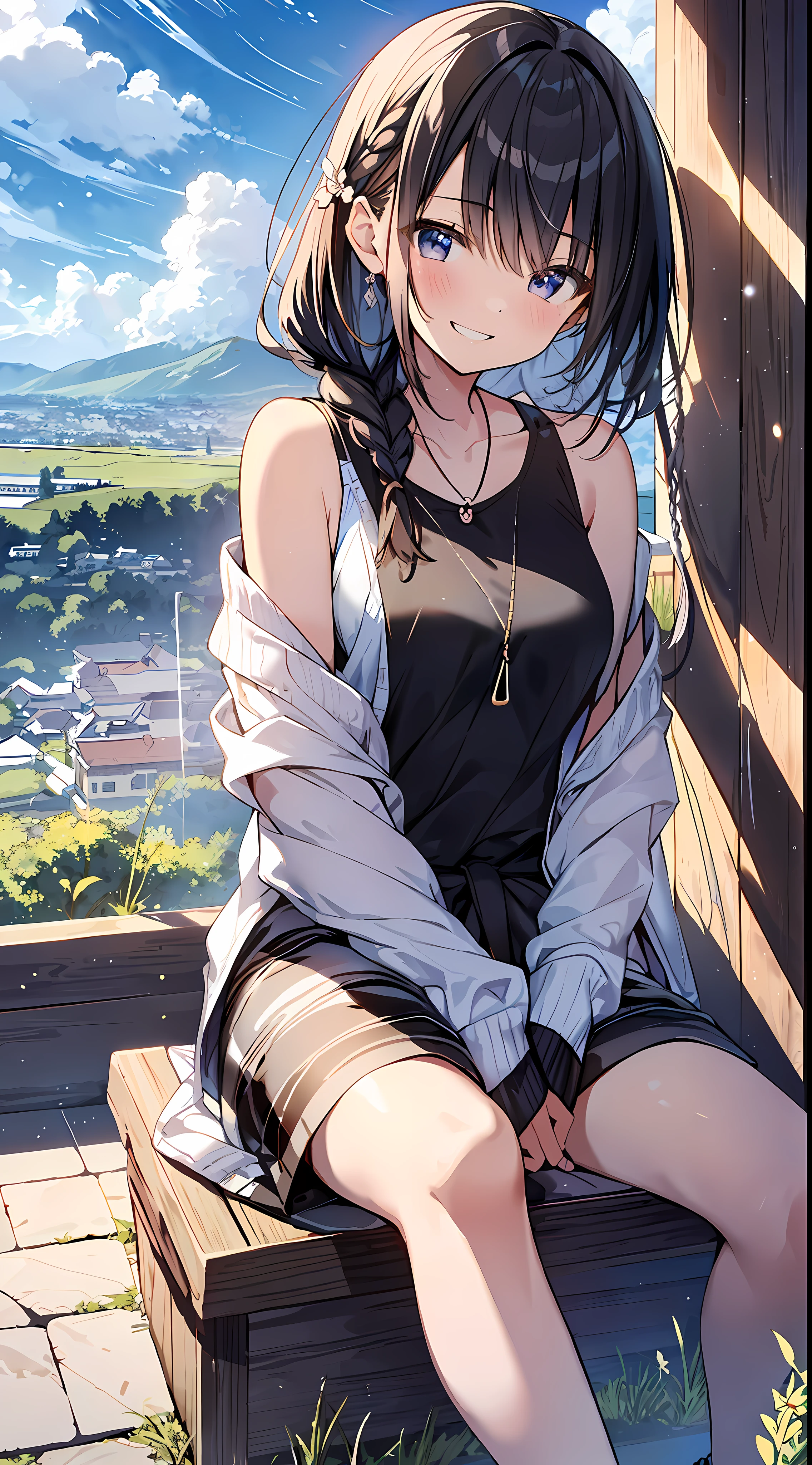 Top Quality, Masterpiece, Ultra High Definition, 8K, Summer Sky, Early Summer, (Pants, Sheer Cardigan, Sneakers), Shojo Manga Style Loli, One, Soft Line Art, Digital Enhancement, Shoujo Manga Touch, Shojo Manga Core, Flowing Fabric, Close Up, (Shoulder Length and Short Braid)), Wet Hair, Soft Drawing, Beautiful Black Hair, Clear Eyes, ((Teasing smile)) , Ultra-detailed digital anime art, clear face depiction, ultra-detailed shoujo manga character art, clear facial features, ultra-detailed manga style, top quality colors, hand gestures, landscape with nature, looking up at the sky, angle to see up to your feet, sit