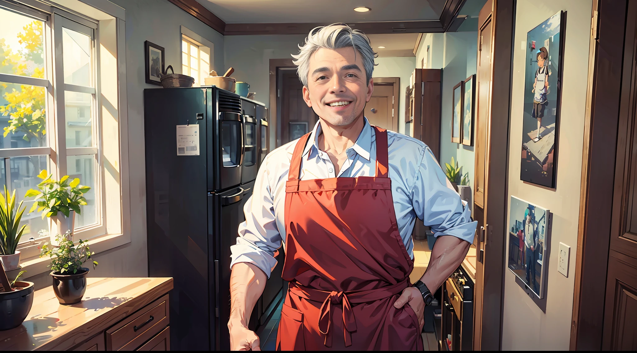 Middle-aged man in apron, walking from kitchen to living room, smiling mildly, masterpiece, superb, best quality, high resolution, (very, very detailed CG: 1.2), painting, brush, 16:9, 8k