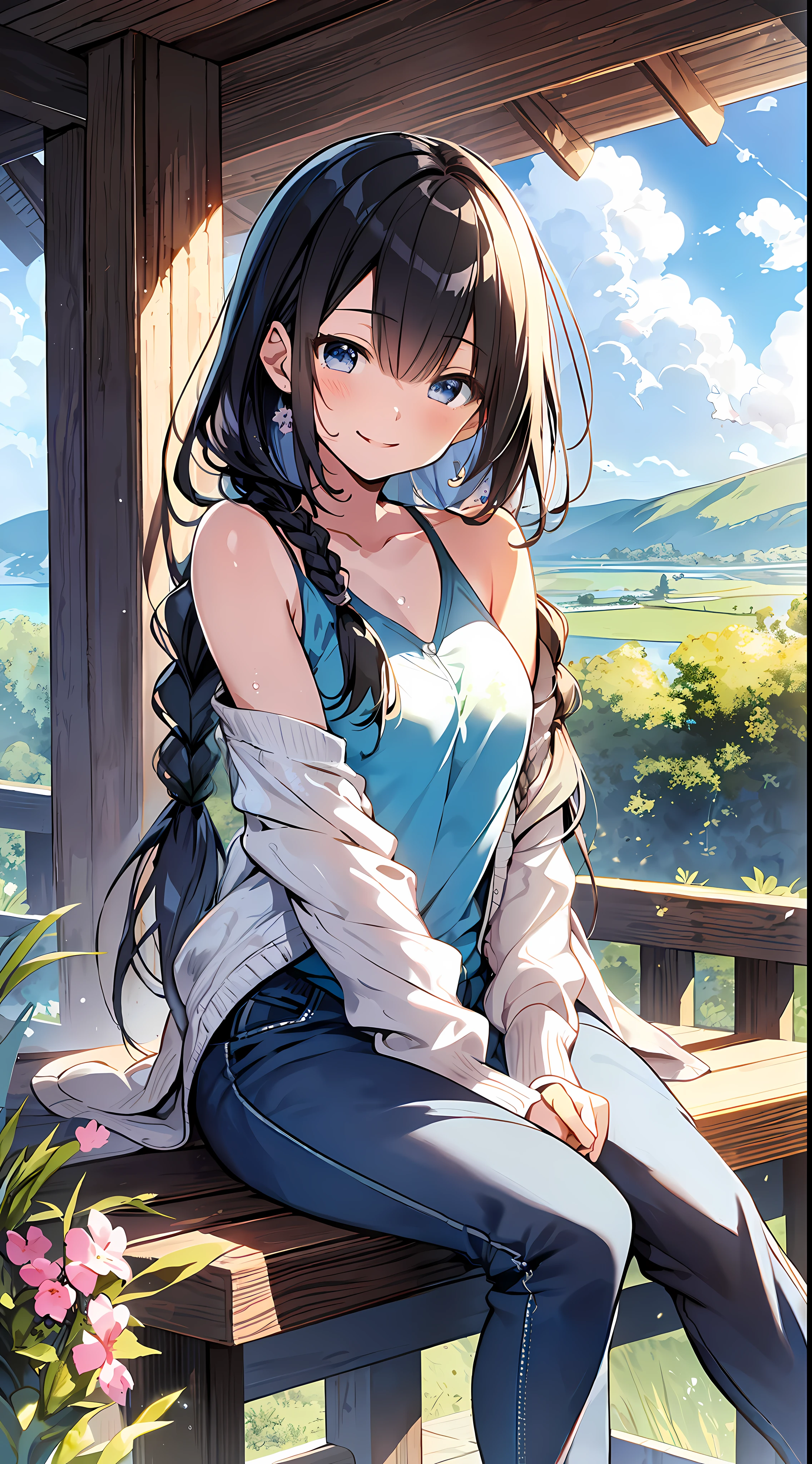 Top Quality, Masterpiece, Ultra High Definition, 8K, Summer Sky, Early Summer, (Pants, Sheer Cardigan, Sneakers), Shojo Manga Style Loli, One, Soft Line Art, Digital Enhancement, Shoujo Manga Touch, Shojo Manga Core, Flowing Fabric, Close Up, (Shoulder Length and Short Braid)), Wet Hair, Soft Drawing, Beautiful Black Hair, Clear Eyes, ((Teasing smile)) , Ultra-detailed digital anime art, clear face depiction, ultra-detailed shoujo manga character art, clear facial features, ultra-detailed manga style, top quality colors, hand gestures, landscape with nature, looking up at the sky, angle to see up to your feet, sit