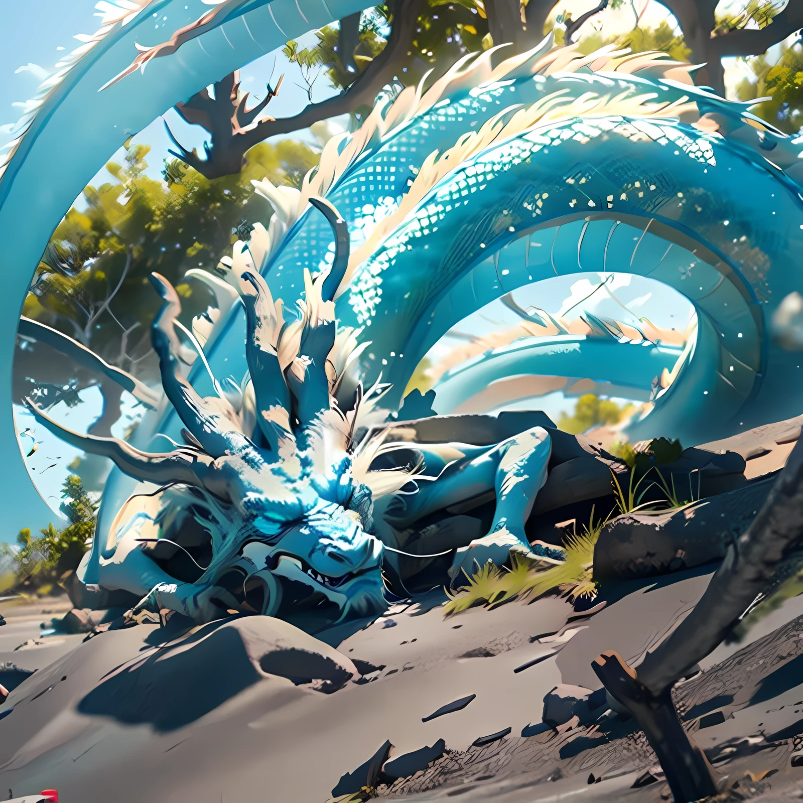On the island, there is a cyan Chinese dragon corpse, lying on the ground, falling to the ground, eyes closed, eyes closed, dead, island, island, 4K, super detail,