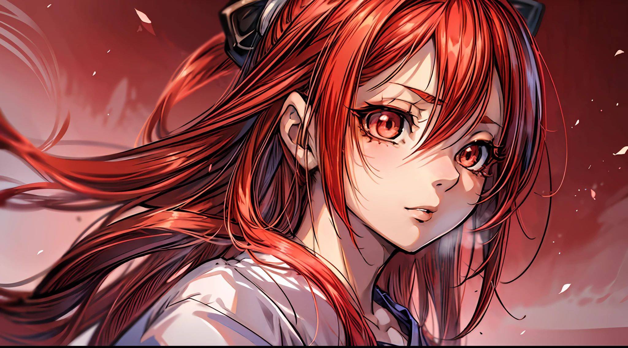 "Masterpiece, high quality, (anime), best quality, 1girl, dynamic lighting, dynamic background, red hair, red eyes, ((15 years)), beautiful face, beautiful eyes, beautiful background, (((very detailed eyes and face)))