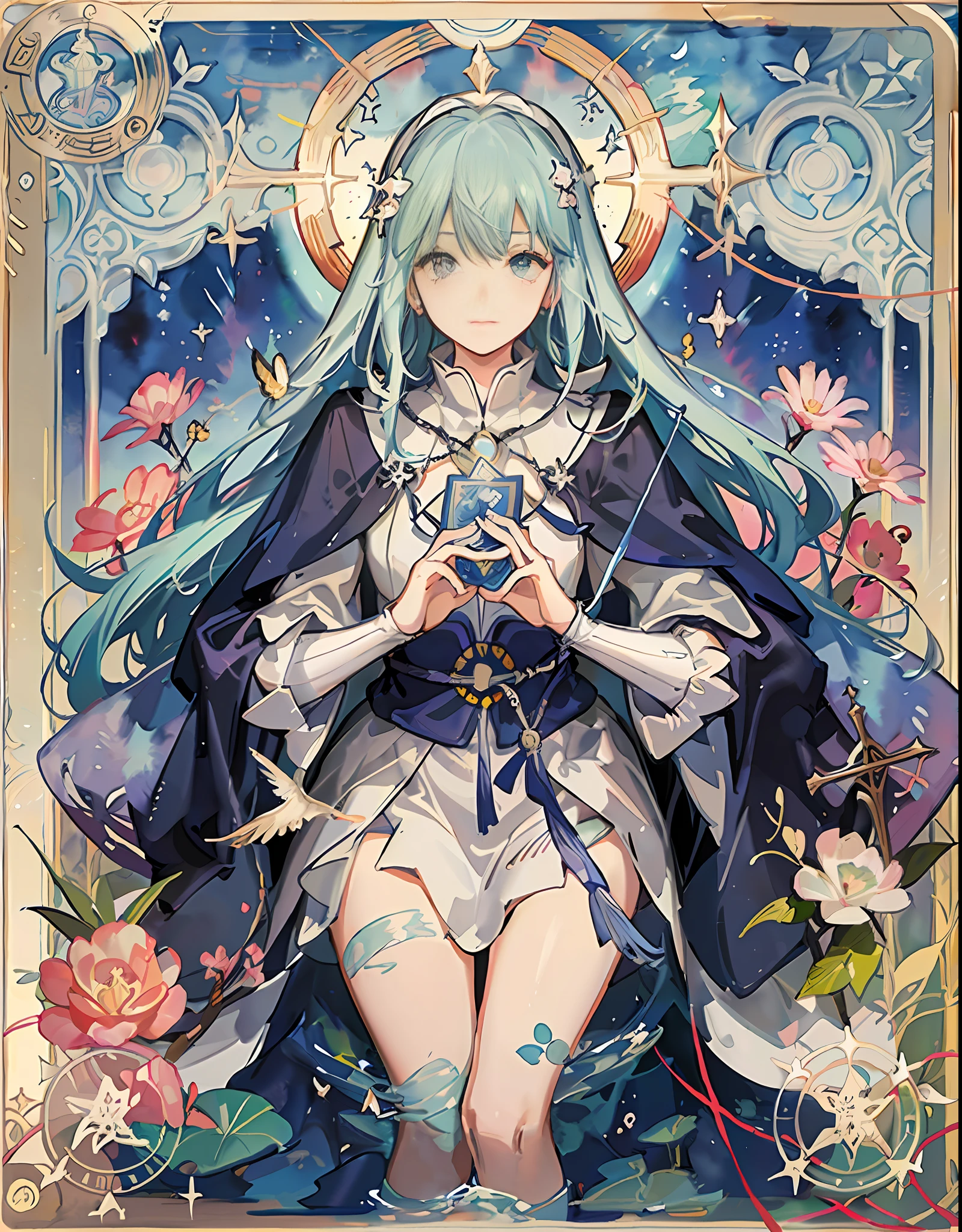 (Golden Ratio: 1.2),(2 Girls: 1.2),(Watercolor:1.3),[(White: 1.4)::10],(Pope: 1.2),(Super Detail: 1.3),(Tarot Cards: 1.6),(Pope Tarot: 1.6),(Beautiful:1.6),Glass-like Two-Eyed Pope,wakame,wakame,wakame