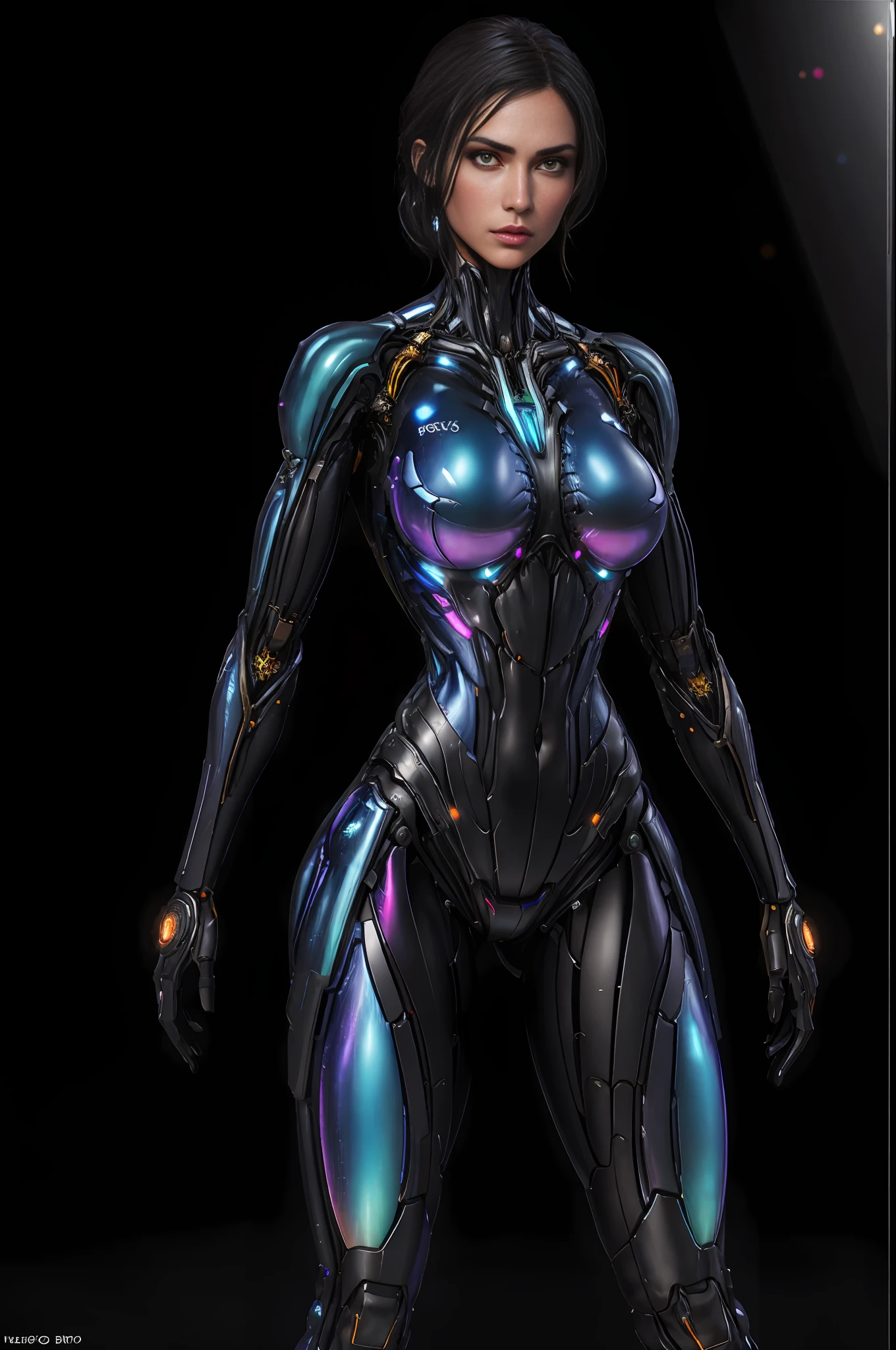 RAW, 1girl, colorful, full body shot, holographic nanosuit, (masterpiece, best quality), (detailed skin:1.3, detailed face:1.3), dslr, realistic, looking at viewer, sharp focus, delicate, soft colors, cinematic lighting, lean girl, large breasts:1.4, dark background, citiscape in the background, bokeh