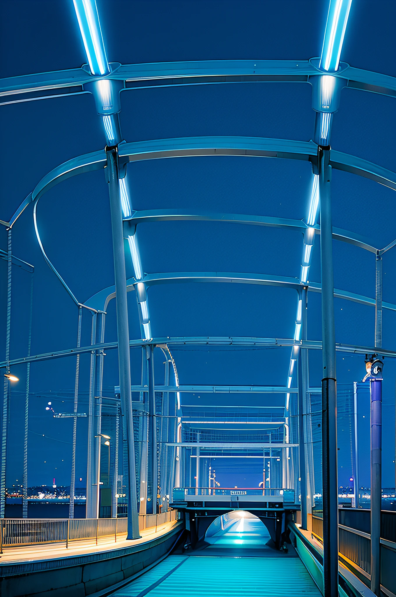 there is a blue bridge with a light on it at night, blue hour lighting, taken with sigma 2 0 mm f 1. 4, with blue light dark blue sky, sky bridge, by Tadashige Ono, in a japanese town at night, overpass, walkway, taken with sony a7r camera, bridge, blue hour, blue hour photography