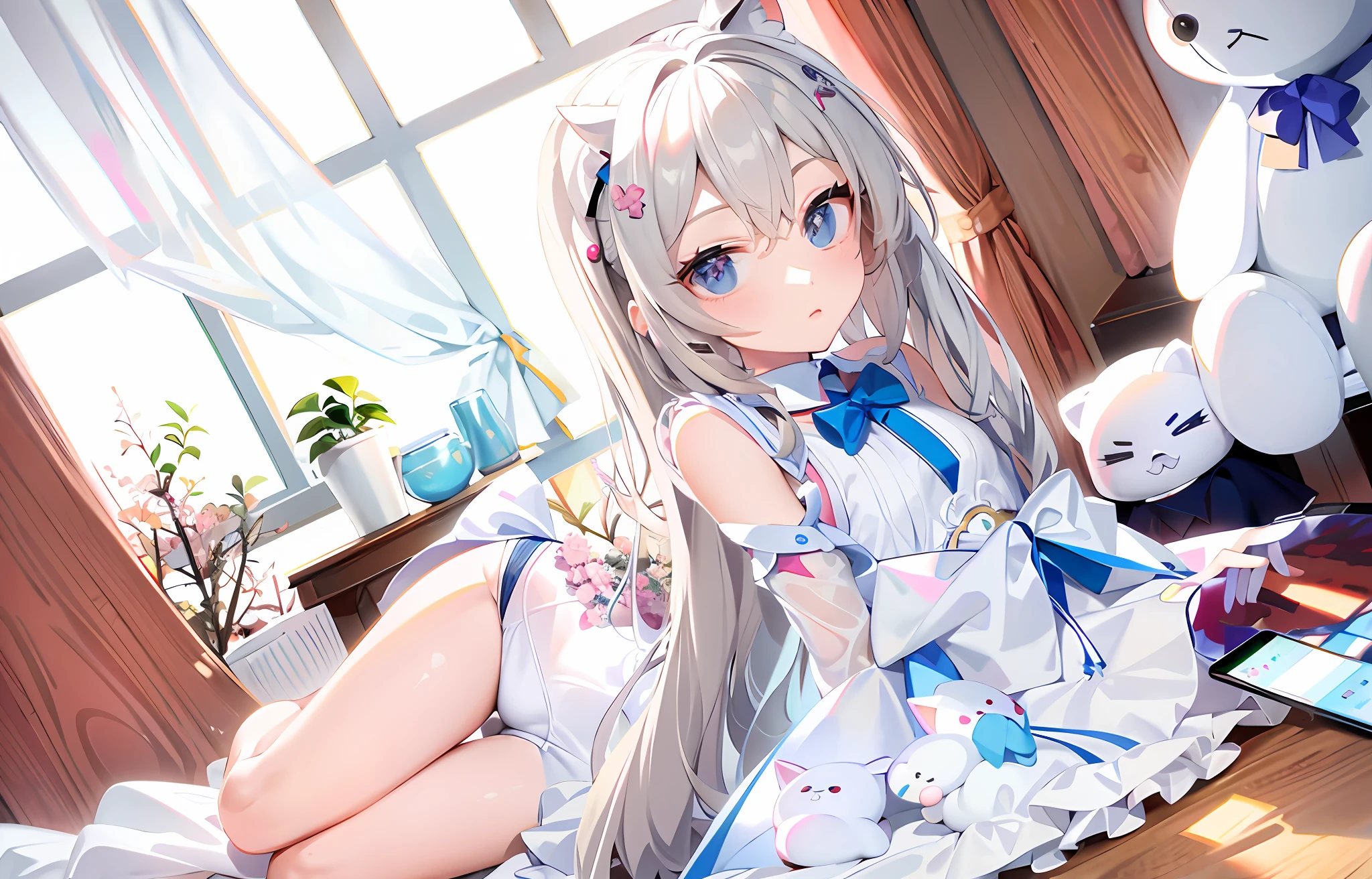Anime girl sitting on bed with stuffed animal and tablet, very beautiful anime cat girl, in skirt, white cat girl, beautiful anime cat woman, cute anime cat woman, cute anime outer house in beautiful clothes, anime cat girl in maid costume, seductive anime girl, little curve loliime girl with cat ears, splash art anime loli, soittle hands, cute feet, white stockings