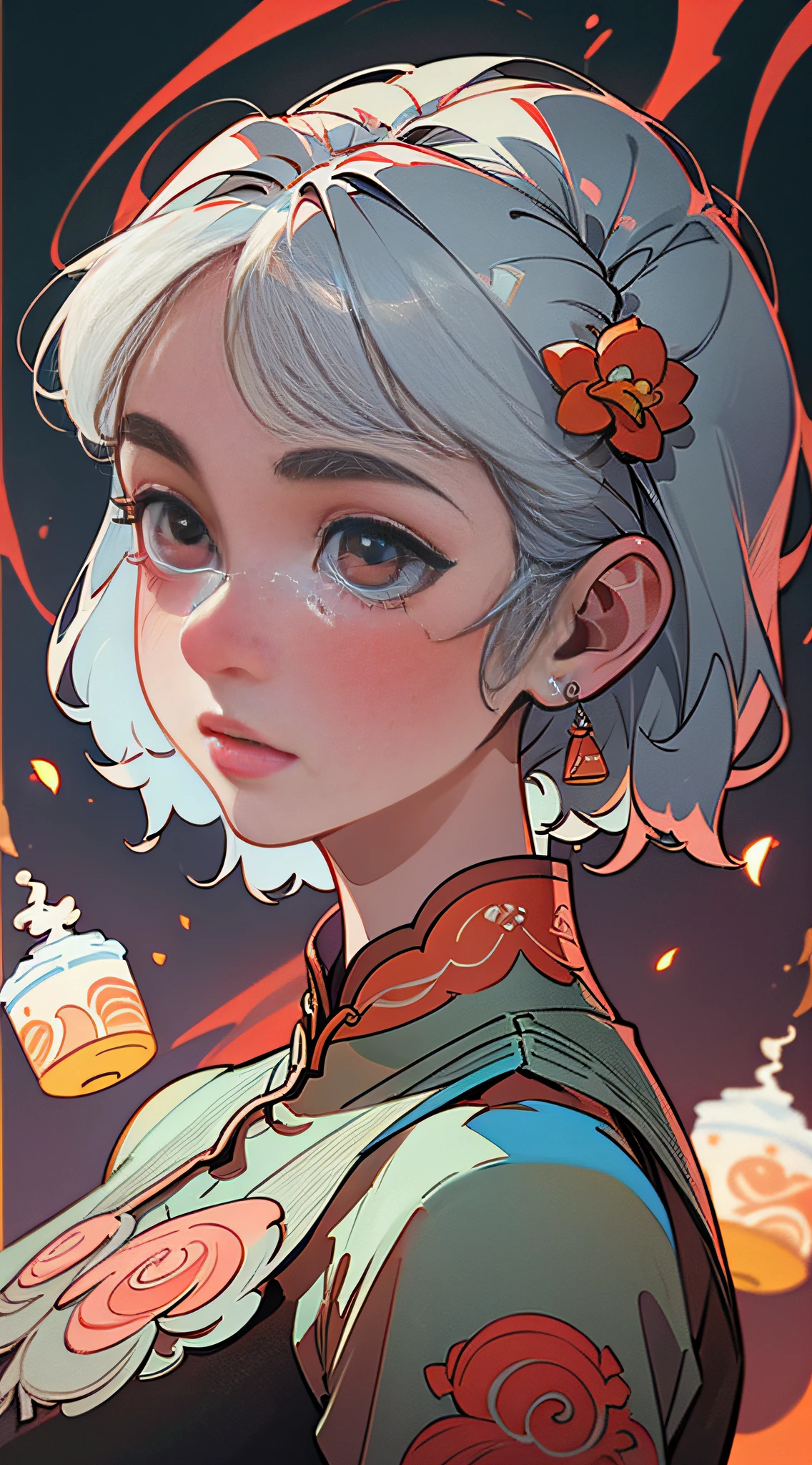 (Masterpiece, Best Quality), Masterpiece, Ultra Detailed, Super HD, High Quality, Highest Quality, 32k, ((Delicate Beautiful Face, Super Pretty)), ((Super Delicate Big Eyes, Focused Eyes))), Maiden in Cheongsam, Red Cheongsam, Epic Composition, Short Silver Hair, Gorgeous Costumes, Intricate Design, Hair Accessories, Earrings, Walking on the Street, Night, Charming Expressions, Upper Body, Close-up, Amazing Facial Features, Flowing Short Hair, Neck Exposed, Complex Design, Simple Background, Background blur, stunning lighting, C4D, OC rendering, movie edge light, fine light,