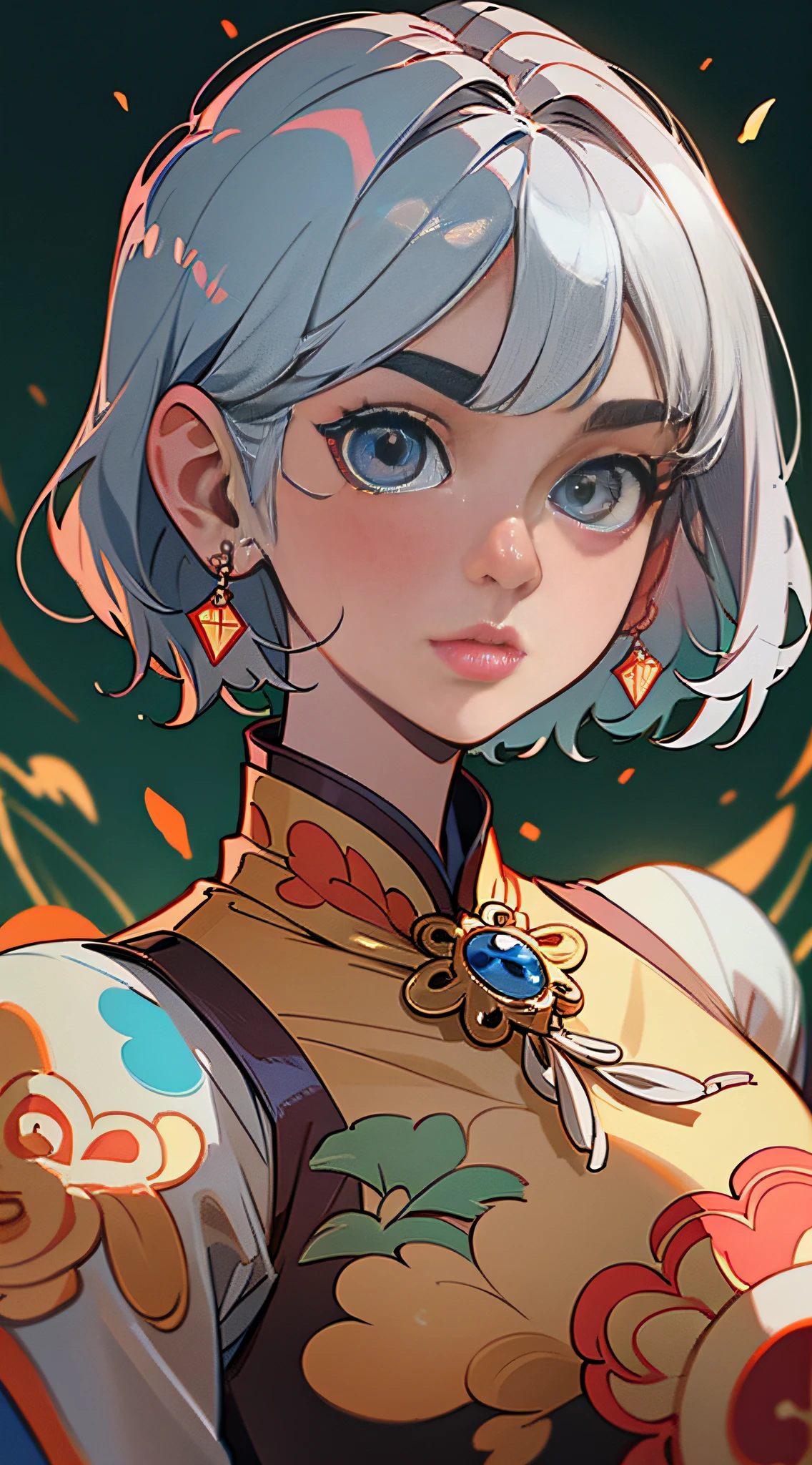 (Masterpiece, Best Quality), Masterpiece, Ultra Detailed, Super HD, High Quality, Highest Quality, 32k, ((Delicate Beautiful Face, Super Pretty)), ((Super Delicate Big Eyes, Focused Eyes))), Maiden in Cheongsam, Red Cheongsam, Epic Composition, Short Silver Hair, Gorgeous Costumes, Intricate Design, Hair Accessories, Earrings, Walking on the Street, Night, Charming Expressions, Upper Body, Close-up, Amazing Facial Features, Flowing Short Hair, Neck Exposed, Complex Design, Simple Background, Background blur, stunning lighting, C4D, OC rendering, movie edge light, fine light,