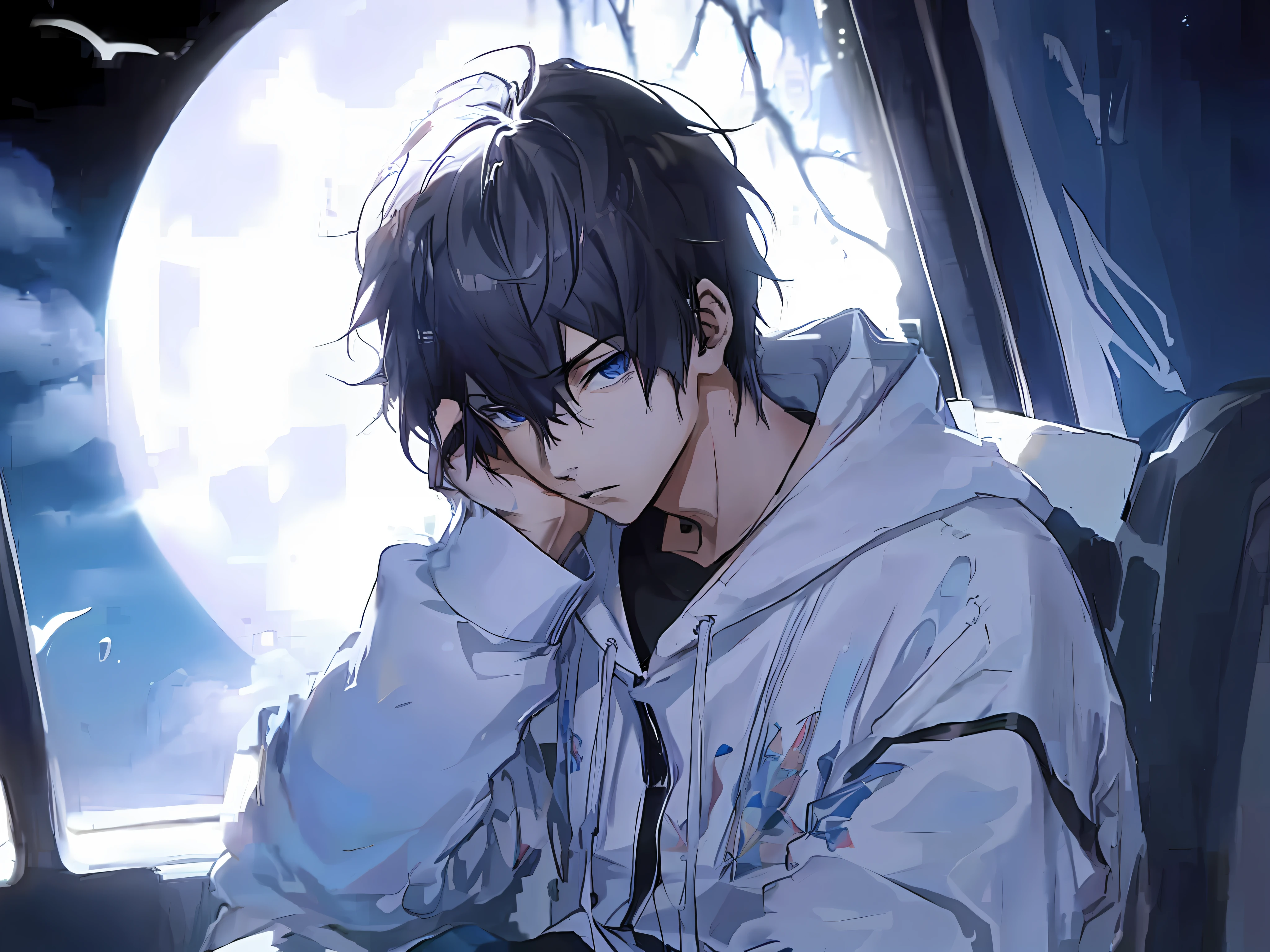 anime boy sitting on a bus looking at the moon, handsome anime pose, anime handsome man, anime boy, young anime man, male anime style, tall anime guy with blue eyes, male anime character, inspired by Okumura Togyu, guweiz, high quality anime artstyle, handsome guy in demon slayer art