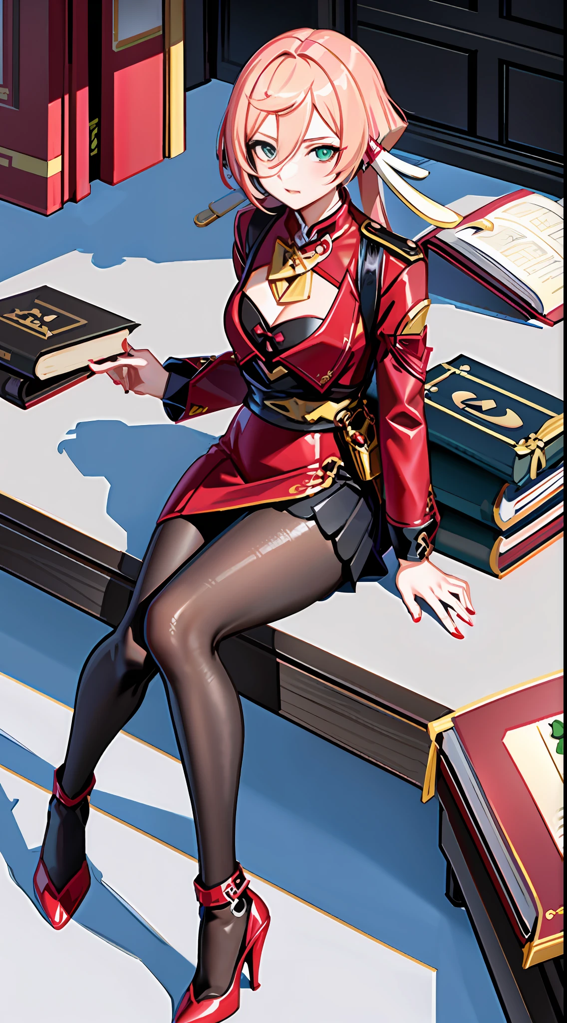 Masterpiece, best quality, super detailed, whirlwind , video game Genshin Impact, Genshin Impact style, 1 girl, (adult female), 30 years old, smoky crimson, lawyer, red shirt, black suit, yellow tie, bag skirt, black stockings, red high heels, sitting on chair, book, holding, full body, in office, complex background