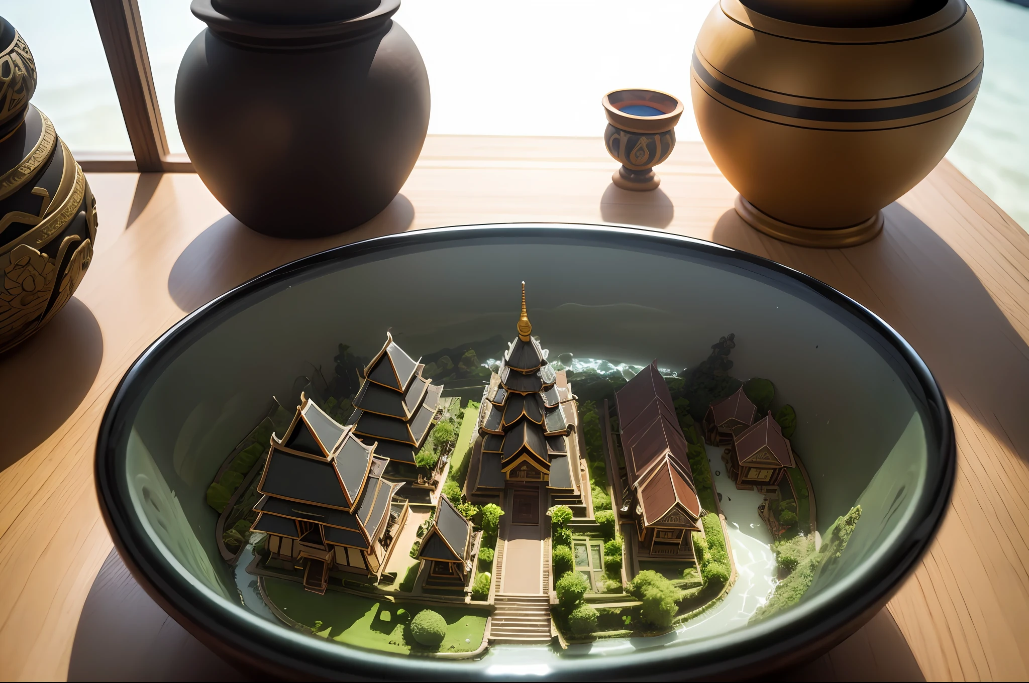 mini\(ttp\), (8k, RAW photo, best quality, masterpiece:1.2), cultural Denpasar Bali city, isometric, miniature, landscape, glass bowl,