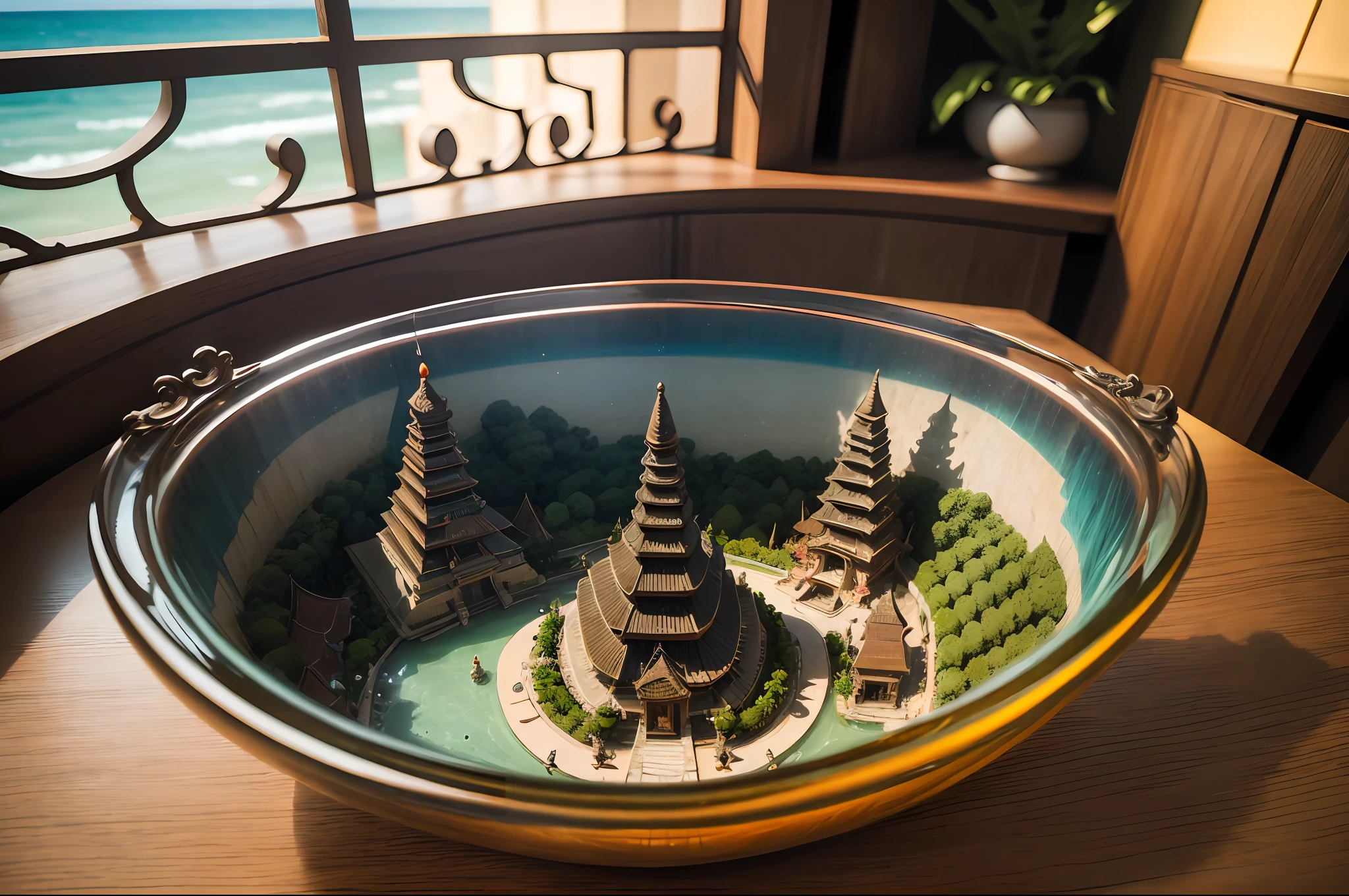 mini\(ttp\), (8k, RAW photo, best quality, masterpiece:1.2), cultural Denpasar Bali city, isometric, miniature, landscape, glass bowl,