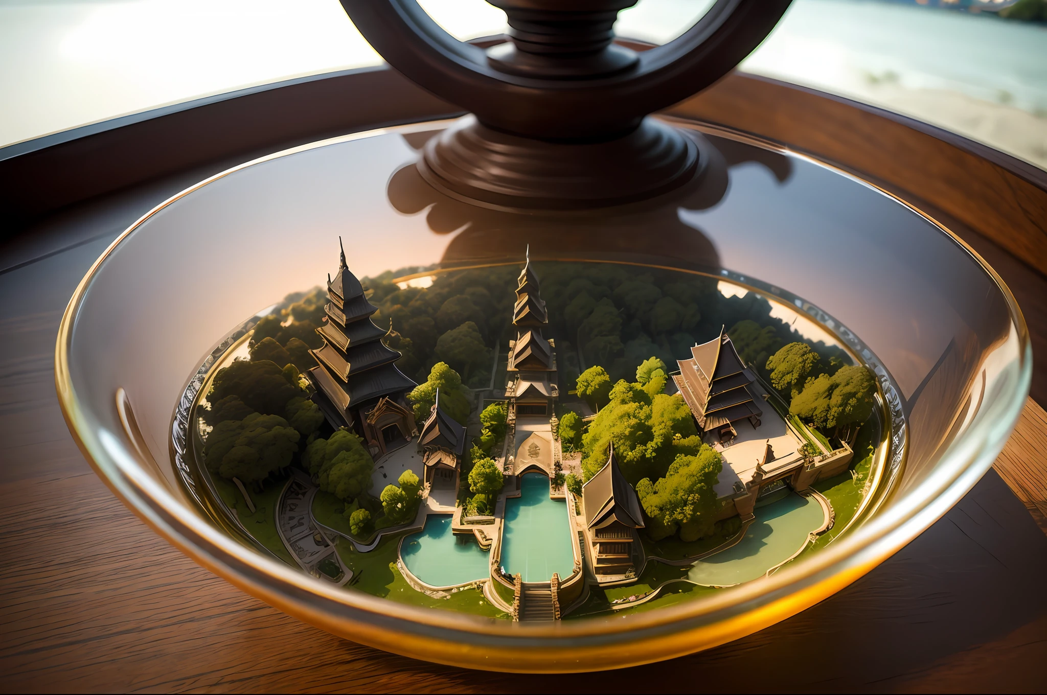 mini\(ttp\), (8k, RAW photo, best quality, masterpiece:1.2), cultural Denpasar Bali city, isometric, miniature, landscape, glass bowl,