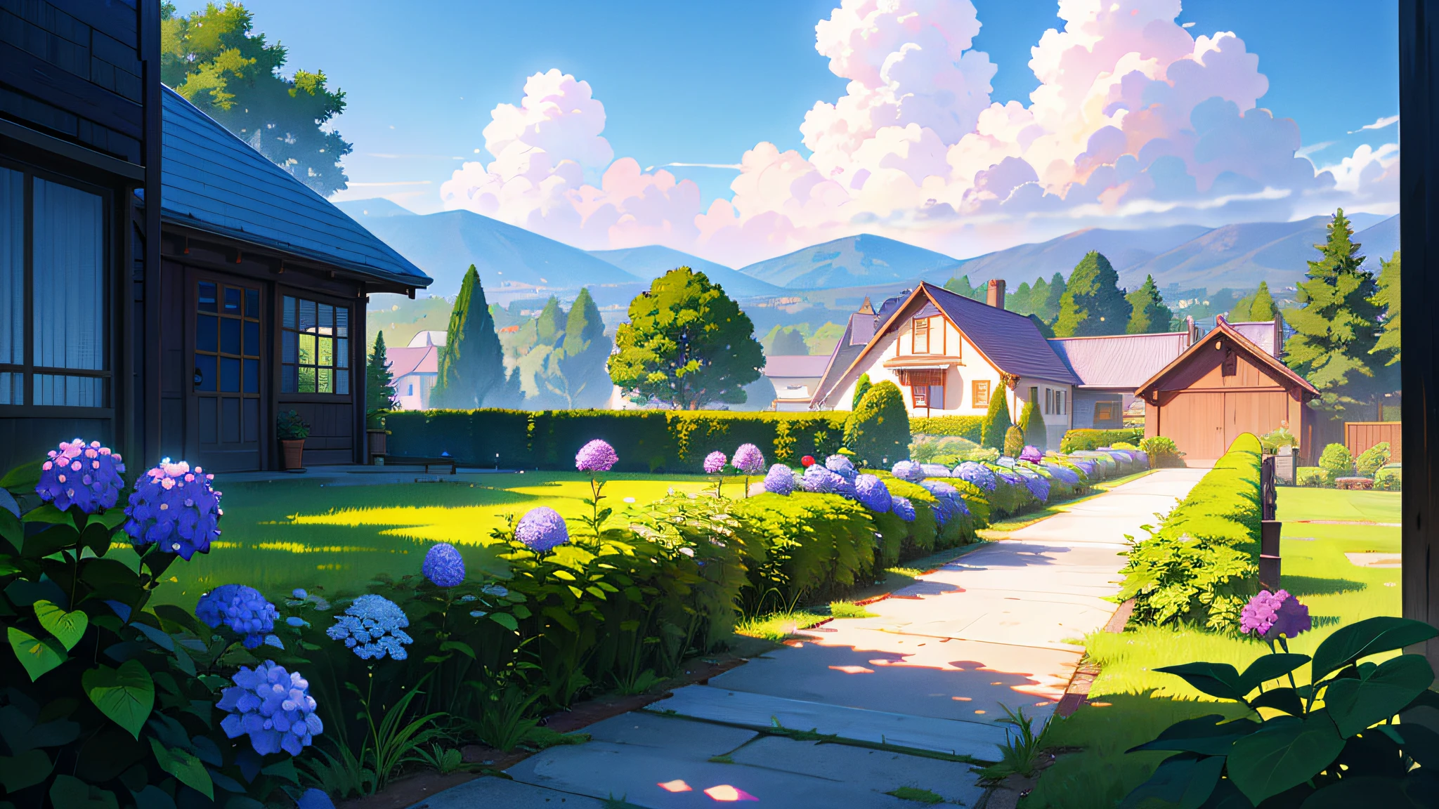(ultra high res,photorealistic,best quality,photo-realistic),(8k,raw photo,best quality,masterplece),(photon mapping,radiosity,physically-based rendering,automatic white balance),real person,photograph,bridge, building, bush, city, cloud, day, door, fence, field,orest, garden, grass, house, hydrangea, mountain, nature, no_humans, outdoors, path, plant, potted_plant, purple_flower, road, scenery, sky, skyscraper, traditional_media, tree,