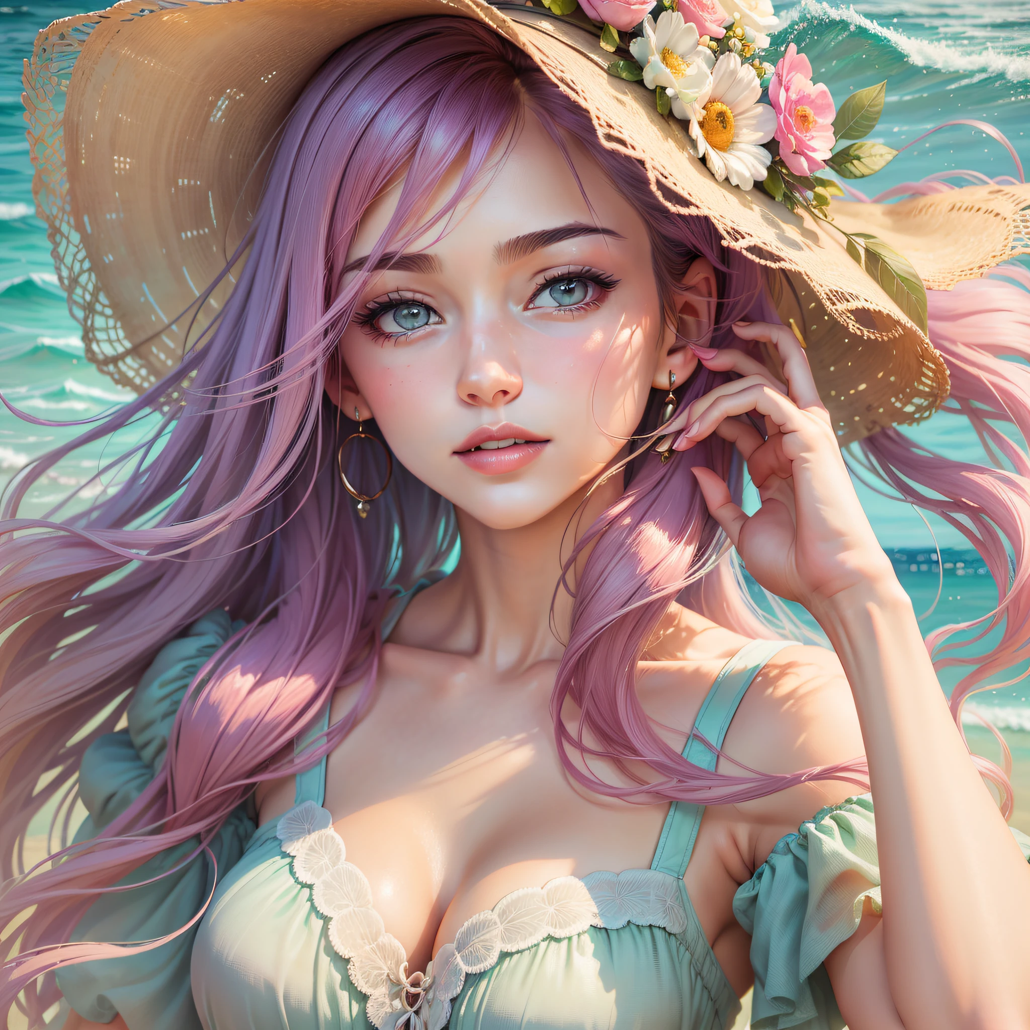 (Best Quality), (Masterpiece), (Beautiful Woman Portrait: 1.5), Sharp Focus, (Elegant Shades, Pastel Colors), Cute Look, Beautiful Face, Elegant Dress, Summer Sea Background, Colored Water