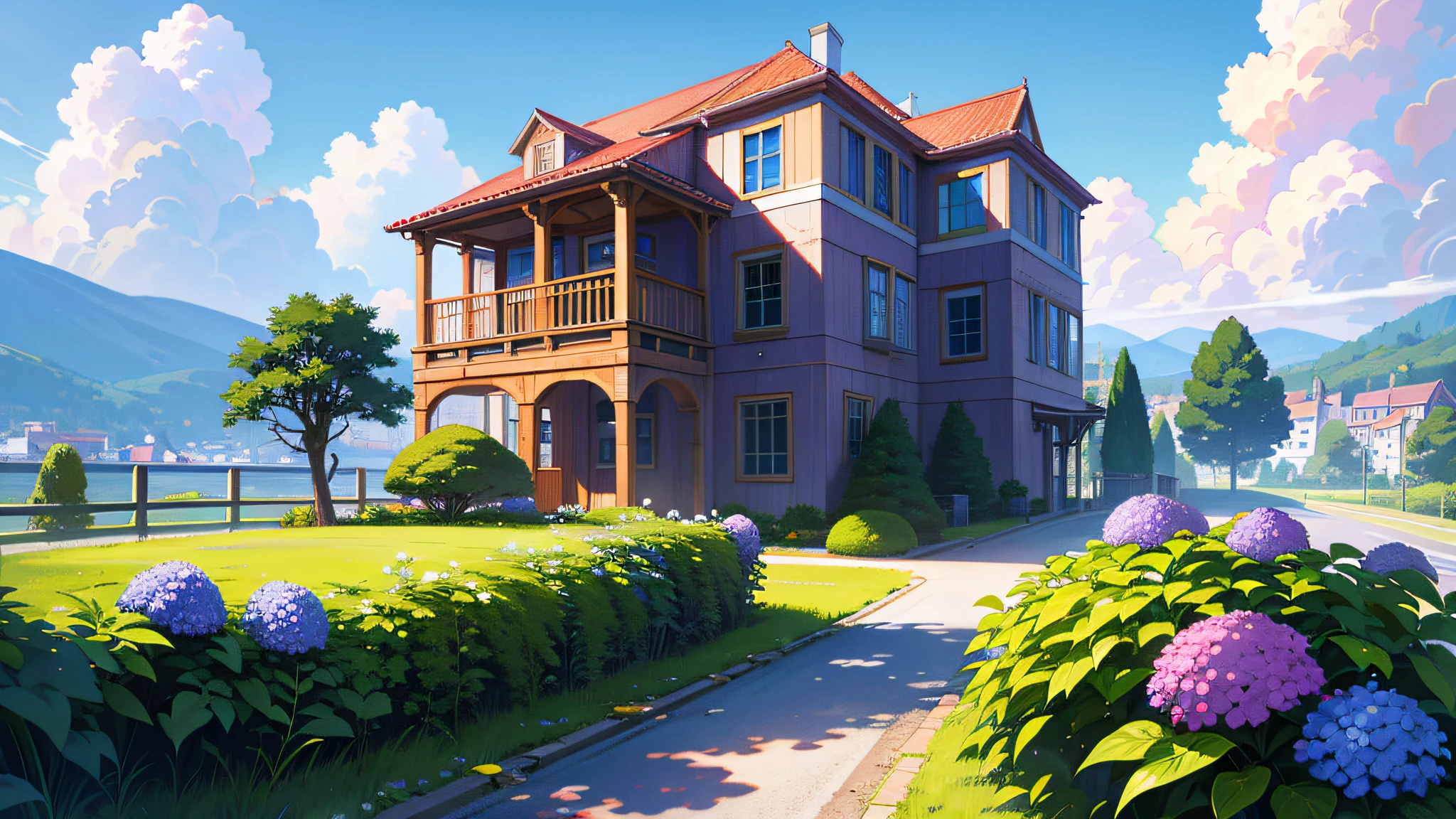 (ultra high res,photorealistic,best quality,photo-realistic),(8k,raw photo,best quality,masterplece),(photon mapping,radiosity,physically-based rendering,automatic white balance),real person,photograph,bridge, building, bush, city, cloud, day, door, fence, field,orest, garden, grass, house, hydrangea, mountain, nature, no_humans, outdoors, path, plant, potted_plant, purple_flower, road, scenery, sky, skyscraper, traditional_media, tree,