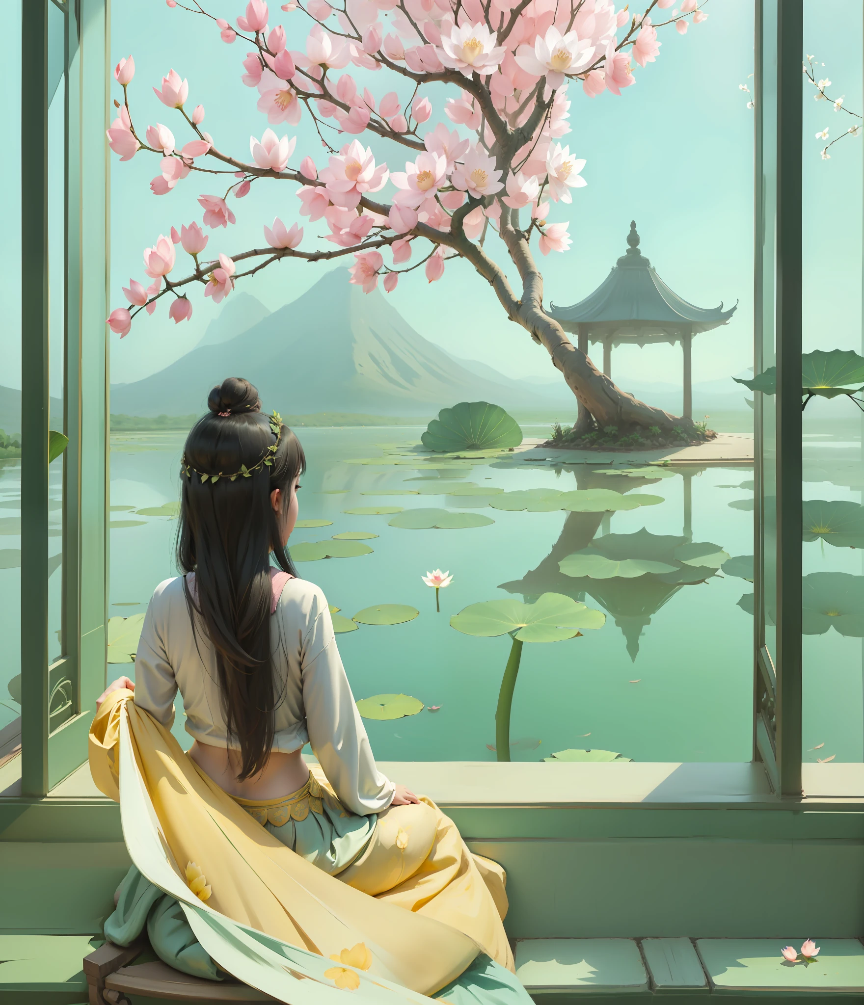 Cherry blossom trees in the distance, small lotus leaves, side sitting, high-quality light and shadow, scattered lotus flowers