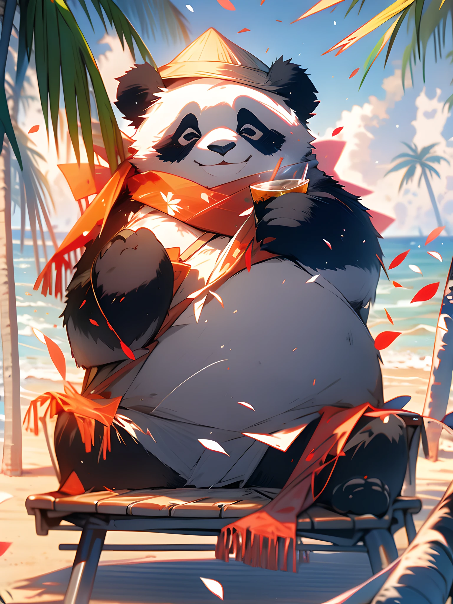 1 cute panda,outdoors,solo,On the beach,Face Close-up,portrait painting,Take the drink,hat,furry,leaf,standing,red scarf,no humans,Scarf,Coconut Tree,MG xiongmao,petals falling,Lie on the chair,Sky,Cloud,seagull,.