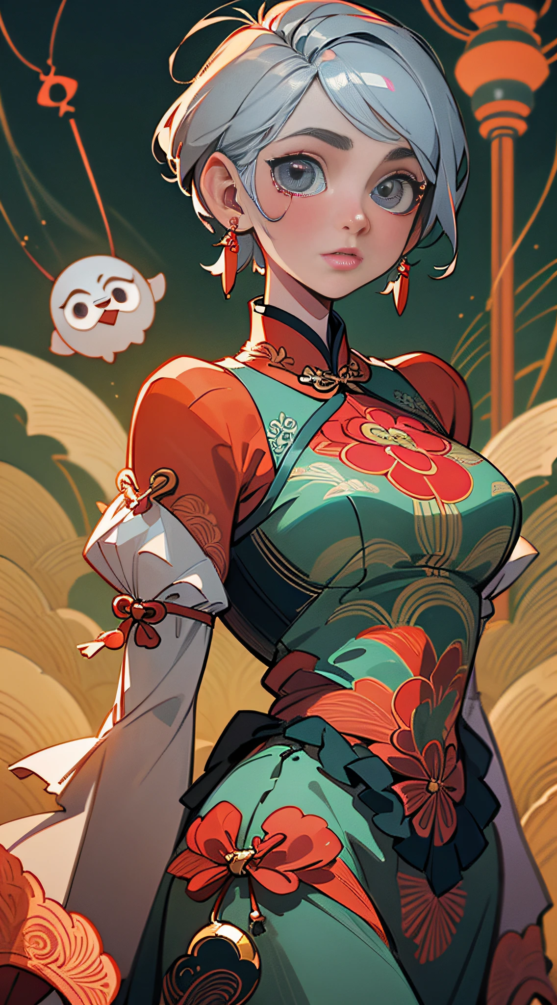 (Masterpiece, Best Quality), Masterpiece, Ultra Detailed, Super HD, High Quality, Highest Quality, 32k, ((Delicate Beautiful Face, Super Pretty)), ((Super Delicate Big Eyes, Focused Eyes))), Maiden in Cheongsam, Red Cheongsam, Epic Composition, Short Silver Hair, Gorgeous Costumes, Intricate Design, Hair Accessories, Earrings, Walking on the Street, Night, Charming Expressions, Upper Body, Close-up, Amazing Facial Features, Flowing Short Hair, Neck Exposed, Complex Design, Simple Background, Background blur, stunning lighting, C4D, OC rendering, movie edge light, fine light,