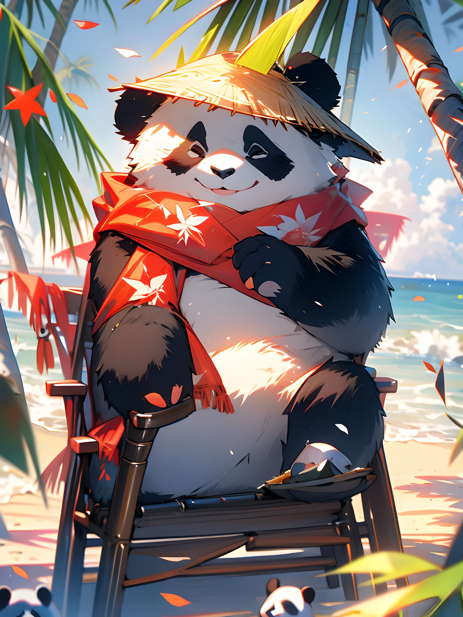 1 cute panda,outdoors,solo,On the beach,Face Close-up,portrait painting,Take the drink,hat,furry,leaf,standing,red scarf,no humans,Scarf,Coconut Tree,MG xiongmao,petals falling,Lie on the chair,Sky,Cloud,seagull,.