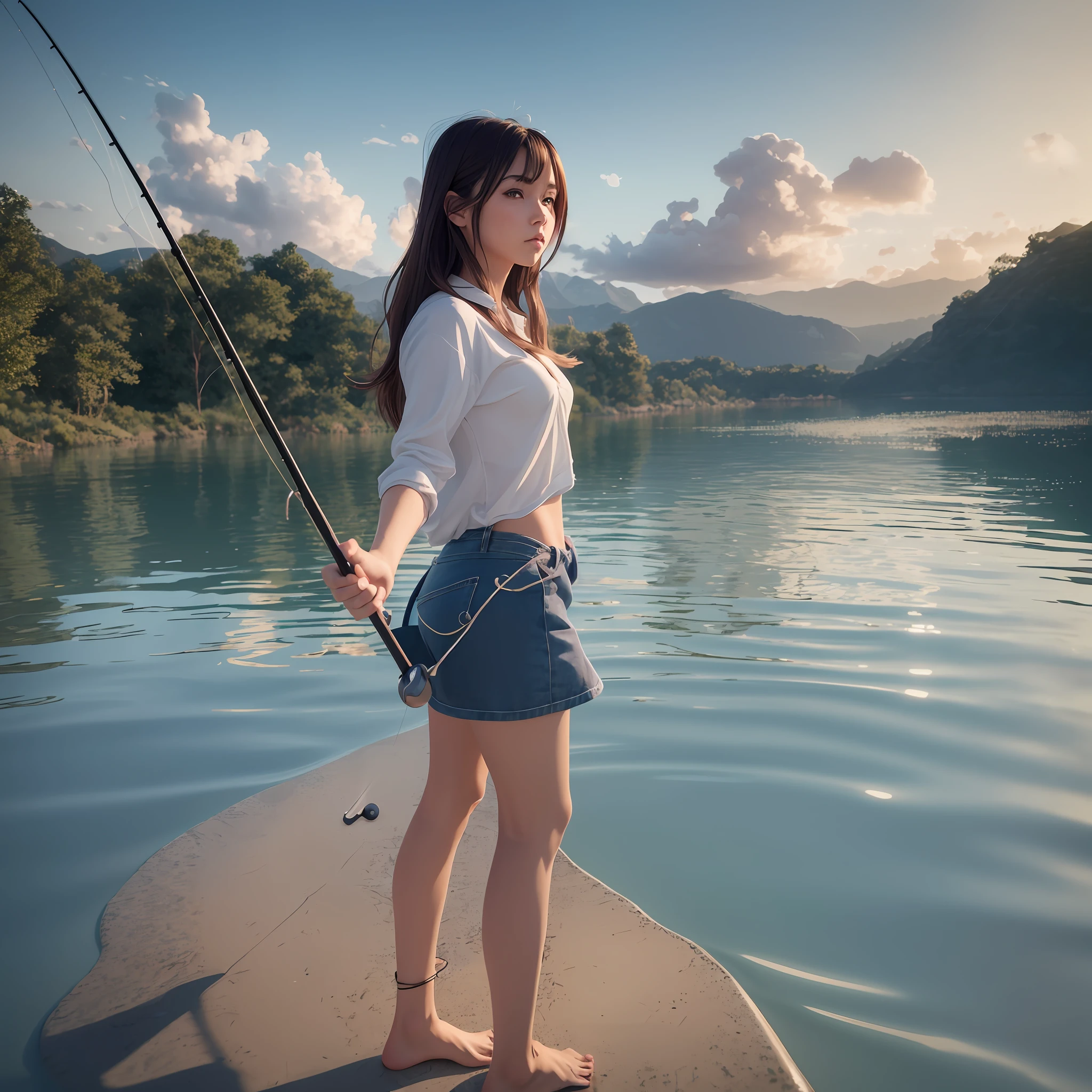 Standing in the water with a fishing rod, woman, enjoying fishing, there is artwork in the style of Makoto Shinkai and Tom Bagshaw, Yang J, Gwise, Makoto Shinkai, Makoto Shinkai, Titi Ruadong, Makoto Shinkai. Digital rendering, beautiful digital artwork, realistic anime 3D style