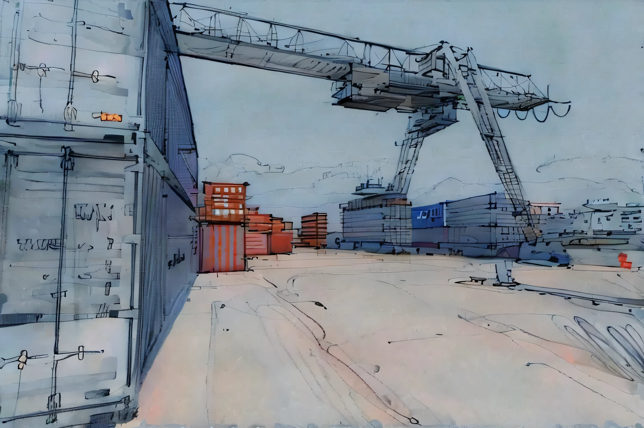 linear, gray, white background, simple background, sketch, sketch, pen_sketch_style, there is a crane that stands on a container, shipping containers, trade warehouses, shipping docks, looking at the camera, attractive, very huge, yard, wide portrait, Richard Carline, large portrait, wide installation plan, cinematic full shot, crane frame, wide shot, in a sci-fi shipping port, looking at the camera