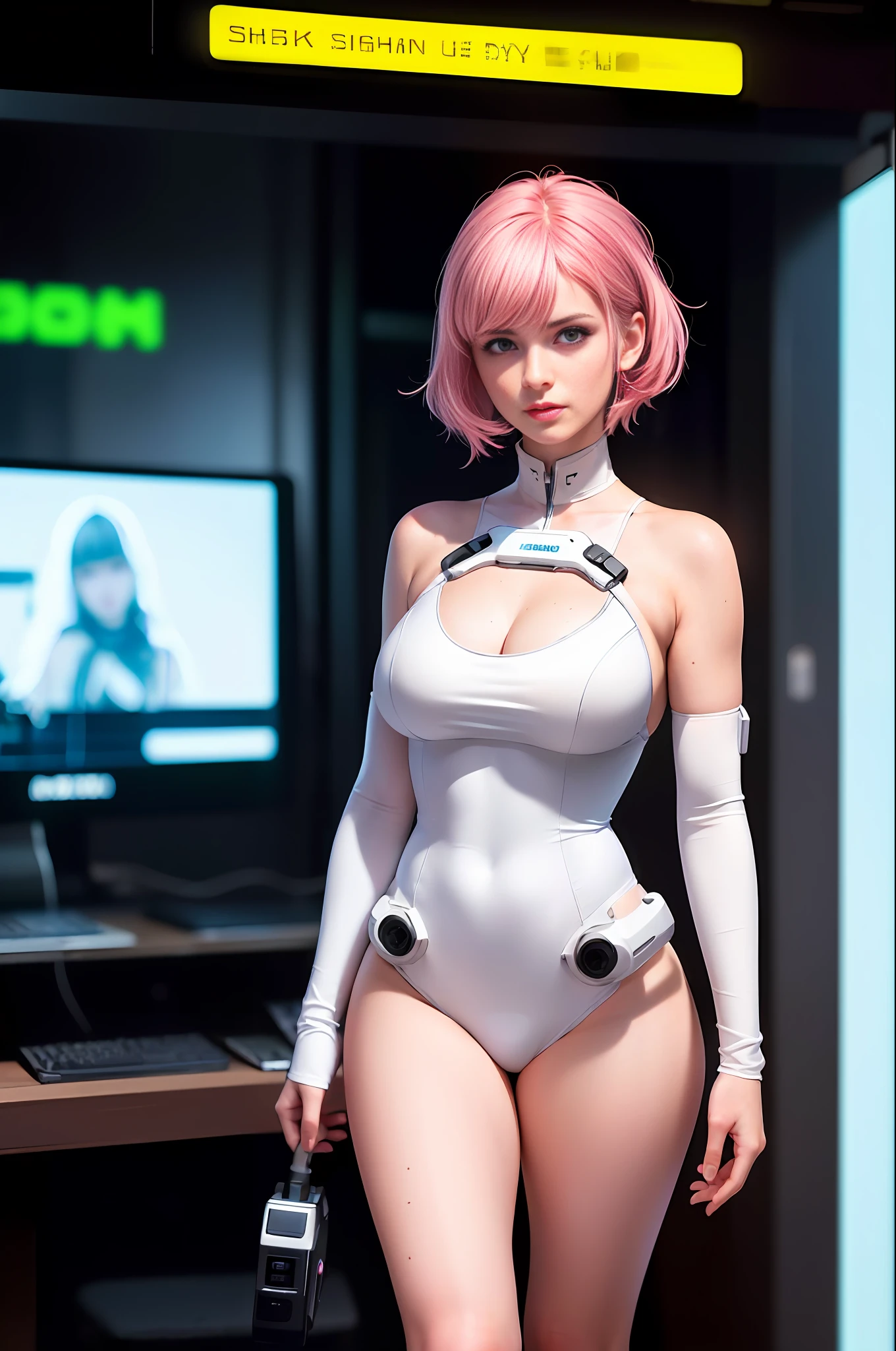 (ultra high res,photorealistic,realistic,best quality,photo-realistic),
(8k, raw photo, best quality, masterpiece),
(photon mapping, radiosity, physically-based rendering,automatic white balance),
technological sense, best quality, masterpiece, illustration,CG ,unity ,wallpaper, official art,
Amazing, finely detail, an extremely delicate and beautiful,extremely detailed,
highly detailed, sharp focus,rich background,blurry background,
(real person,photograph),
(((high detailed skin,visible pores))),1 girl,full body,(((Ghost In The Shell)))
(((face close-up,haunting smile,moist lips))),
((irises and pupils are rounded,the pupil reflects the surroundings)),
((Big eyes,perfect eyes,watery eyes)),
((short hair,pink hair,thick bangs)),
((small breasts)), ((Cyberpunk 2077,Future, City, skyscraper)), (((Neon, Display Screen, Advertising))), Night, Flooding, Reflection,Tight white combat uniform, stainless steel,LED,laser,((Data cable, optical fiber, computer,VR)),current, 25 years old woman, lean hip:1.1, rested happy face, determined look, scene from a future worker life:1.3