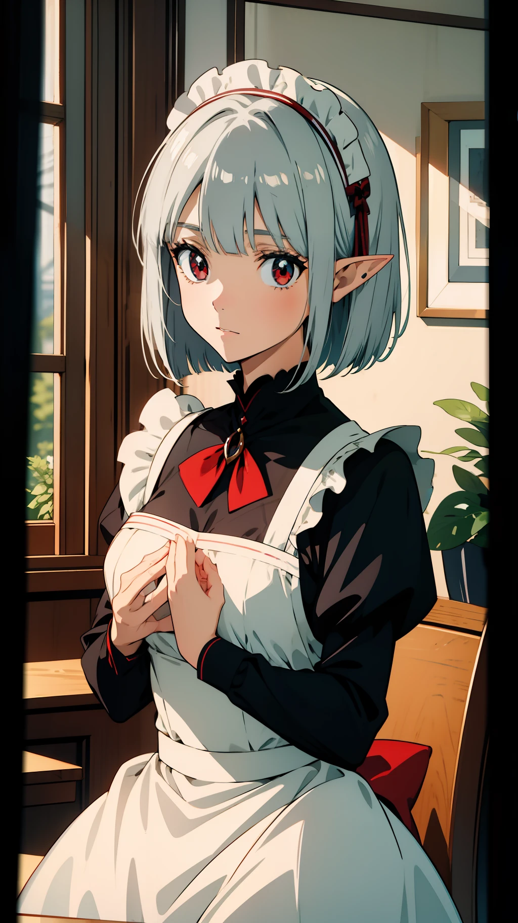 Close up portrait of one girl, elf, silver hair, red eyes, bob cut, maid outfit, hands on chest, surprised, looking down, concept art, beautiful anime scene, best quality, 4K
