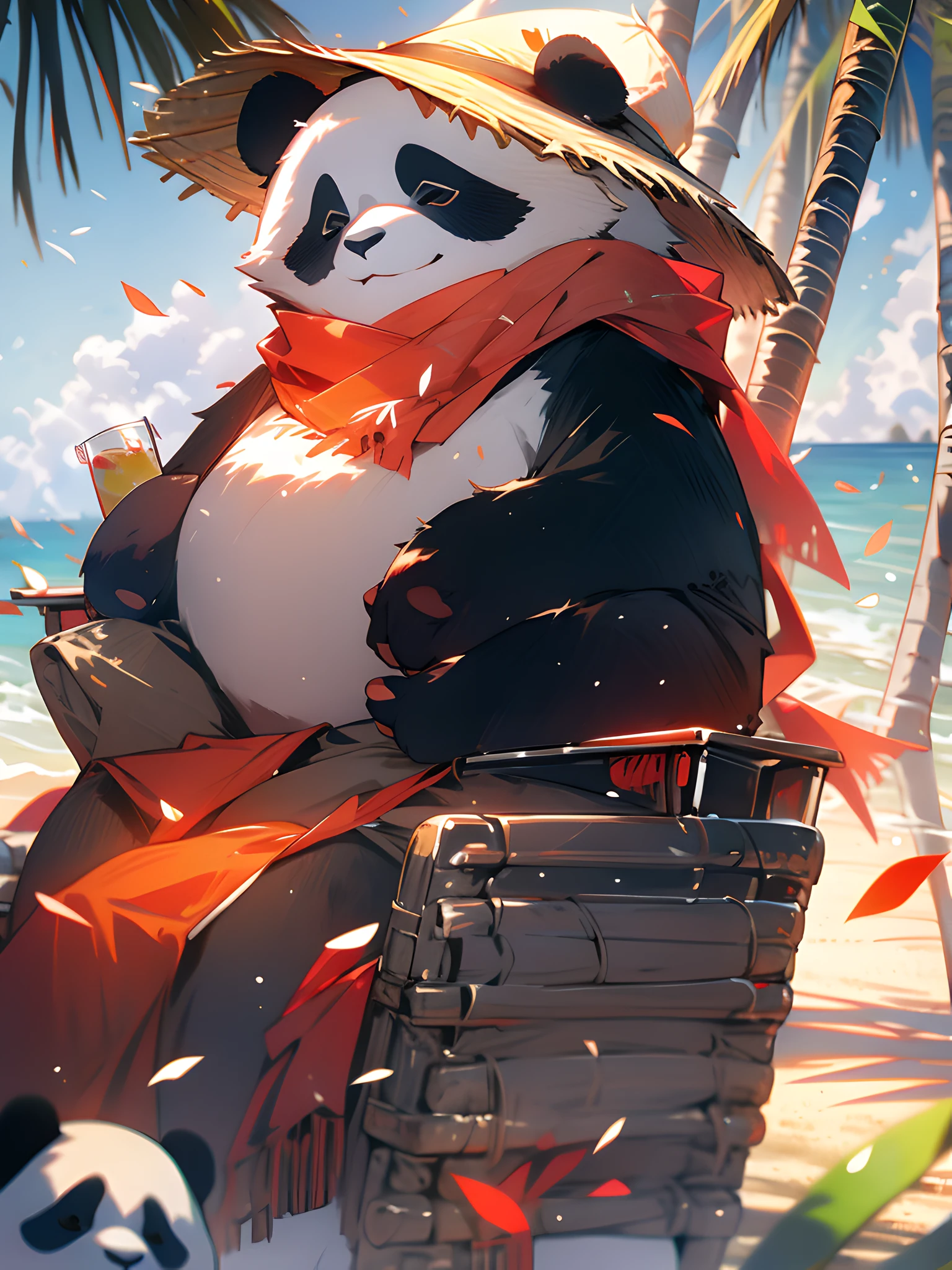 1 cute panda,outdoors,solo,On the beach,Face Close-up,portrait painting,Take the drink,hat,furry,leaf,standing,red scarf,no humans,Scarf,Coconut Tree,MG xiongmao,petals falling,Lie on the chair,Sky,Cloud,seagull,.