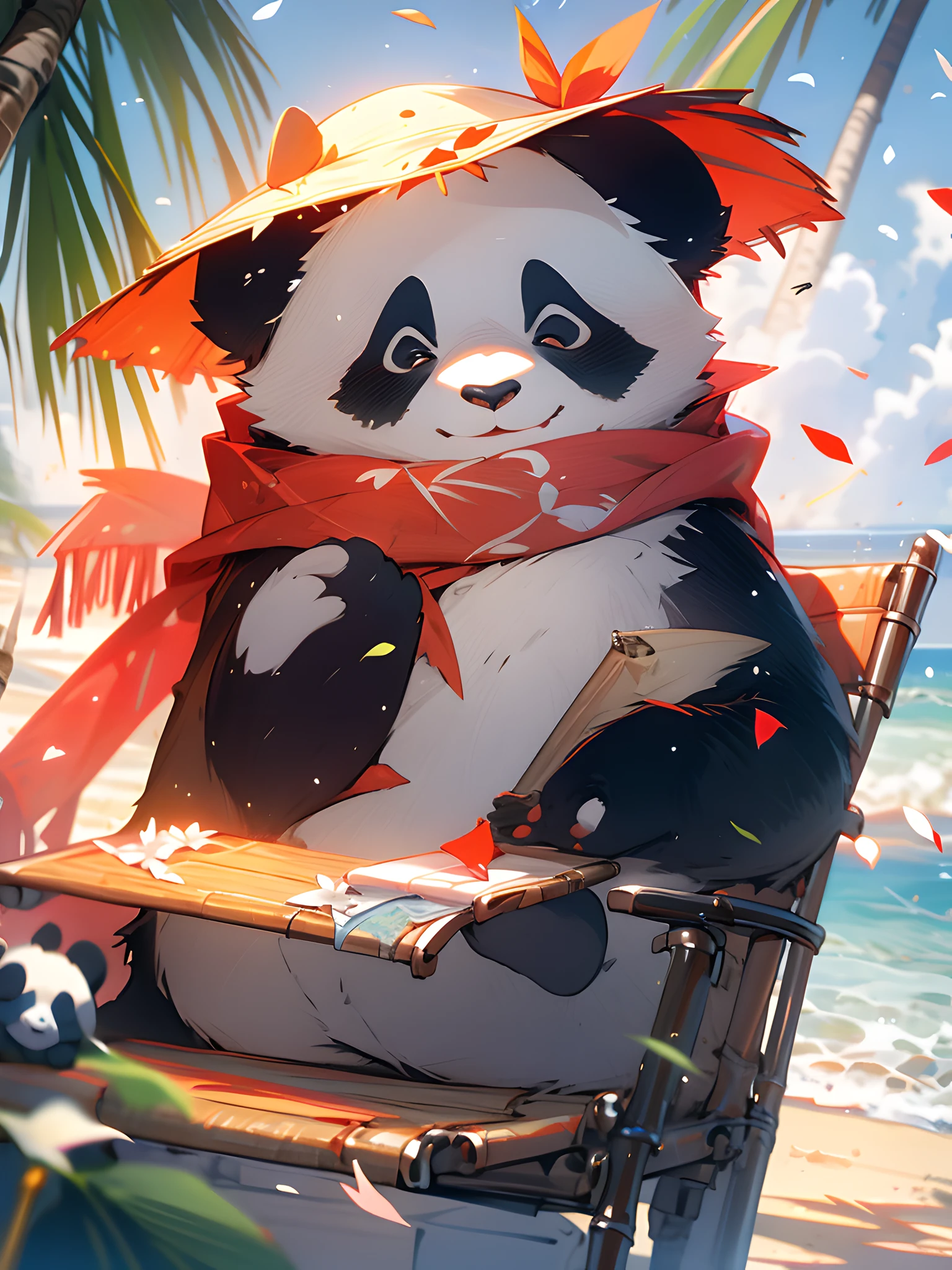 1 cute panda,outdoors,solo,On the beach,Face Close-up,portrait painting,Take the drink,hat,furry,leaf,standing,red scarf,no humans,Scarf,Coconut Tree,MG xiongmao,petals falling,Lie on the chair,Sky,Cloud,seagull,.