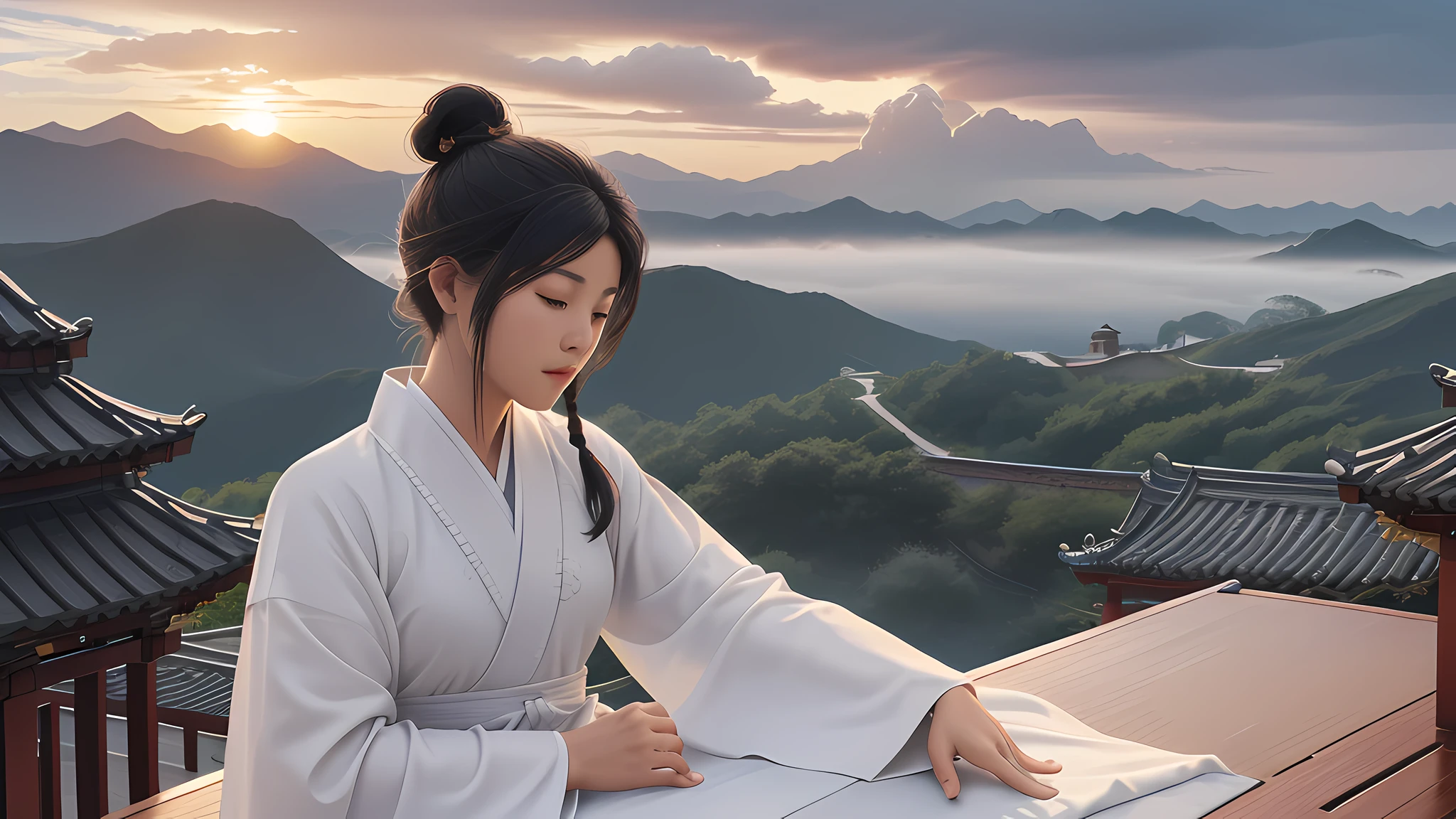 (RAW photo, best quality), (realistic, photo-realistic:1.3), extremely delicate and beautiful, Amazing, finely detail, masterpiece, ultra-detailed, highres,(best illustration), (best shadow),intricate,
A beautiful female Taoist priest wearing white see through robe, hair bun,sits on the eaves of the Taoist temple, overlooking the meditating priests below. In the distance, there are pavilions, towers, and distant mountains adorned with floating clouds,(loong in the background:1.3),sunset,storm,
sharp focus, volumetric fog, 8k UHD, DSLR, high quality, (film grain:1.4), Fujifilm XT3,