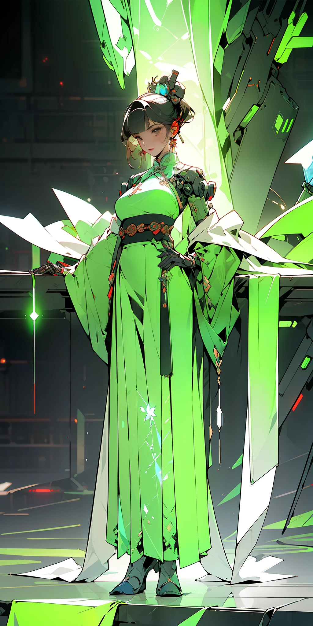 ((Cyberpunk style, robotic arm, holographic aura, surreal sci-fi art, futuristic sci-fi aesthetics)), 1 girl solo, close-up, (bright eyes), (ancient Chinese clothes, embroidered pleated skirt, embroidered collar Uesugi, large sleeves, streamers), (hairpins), (Hanfu), (clear facial features), (8k, RAW photos, best quality, masterpieces: 1.2), (realistic, photo realistic: 1.4), (very detailed CG Unity 8k wallpaper), full body, (Neon: 1.4)