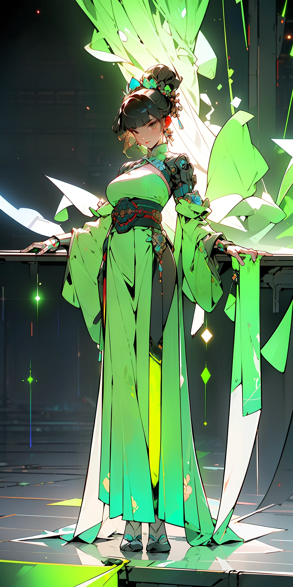 ((Cyberpunk style, robotic arm, holographic aura, surreal sci-fi art, futuristic sci-fi aesthetics)), 1 girl solo, close-up, (bright eyes), (ancient Chinese clothes, embroidered pleated skirt, embroidered collar Uesugi, large sleeves, streamers), (hairpins), (Hanfu), (clear facial features), (8k, RAW photos, best quality, masterpieces: 1.2), (realistic, photo realistic: 1.4), (very detailed CG Unity 8k wallpaper), full body, (Neon: 1.4)