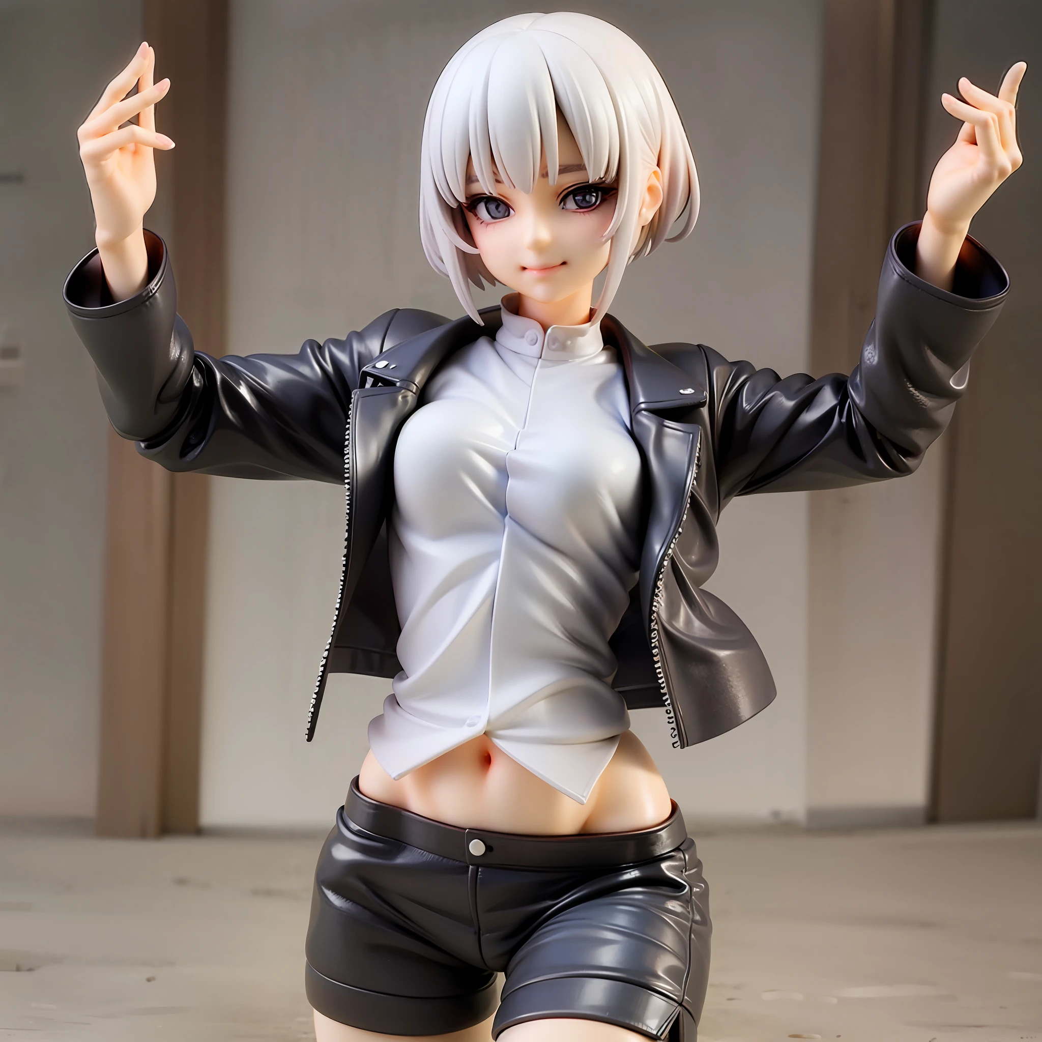 white hair, short cut,1girl,short pants, sneakers, beautiful eye, full body, dancing, looking away, black suit,[realistic], [3d], smile, closed mouth,(8k, RAW photo, best quality, masterpiece:1.2), ultra high res, photo realistic, professional lighting, detailed lighting, professional photography, high quality, high res, extremely detailed, bloom, depth of field, sketch, sharp focus, soft lighting, detailed, detailed skin, to8contrast style
