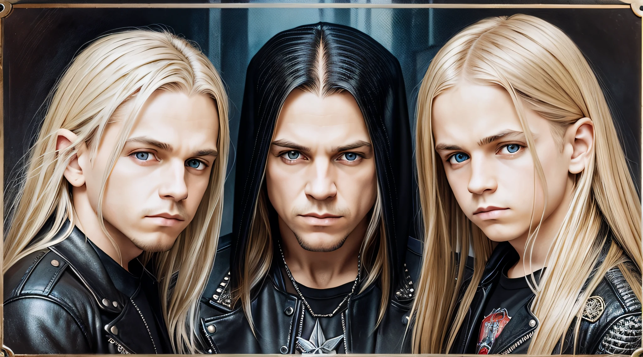 3 BOYS Russian children with 20 years WITH LONG STRAIGHT BLONDE HAIR, LEATHER JACKET AND BLACK CLOTHING, PORTRAIT STYLE, a closeup, album cover, evil album cover, alternate album cover, metal album cover, album cover, 2 0 0 6 promotional publicity photo, metallica, heavy rock band promotional photo,  Drew Struzan Tomasz Alen Kopera, album art, album cover art, Megadeth, Maiden, album, Heavy metal album cover