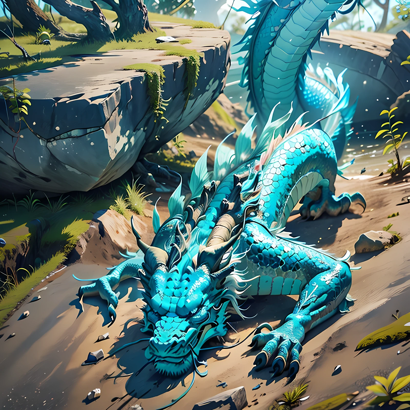 On the island, there is a cyan Chinese dragon corpse, lying on the ground, falling to the ground, eyes closed, eyes closed, dead, island, island, 4K, super detail,