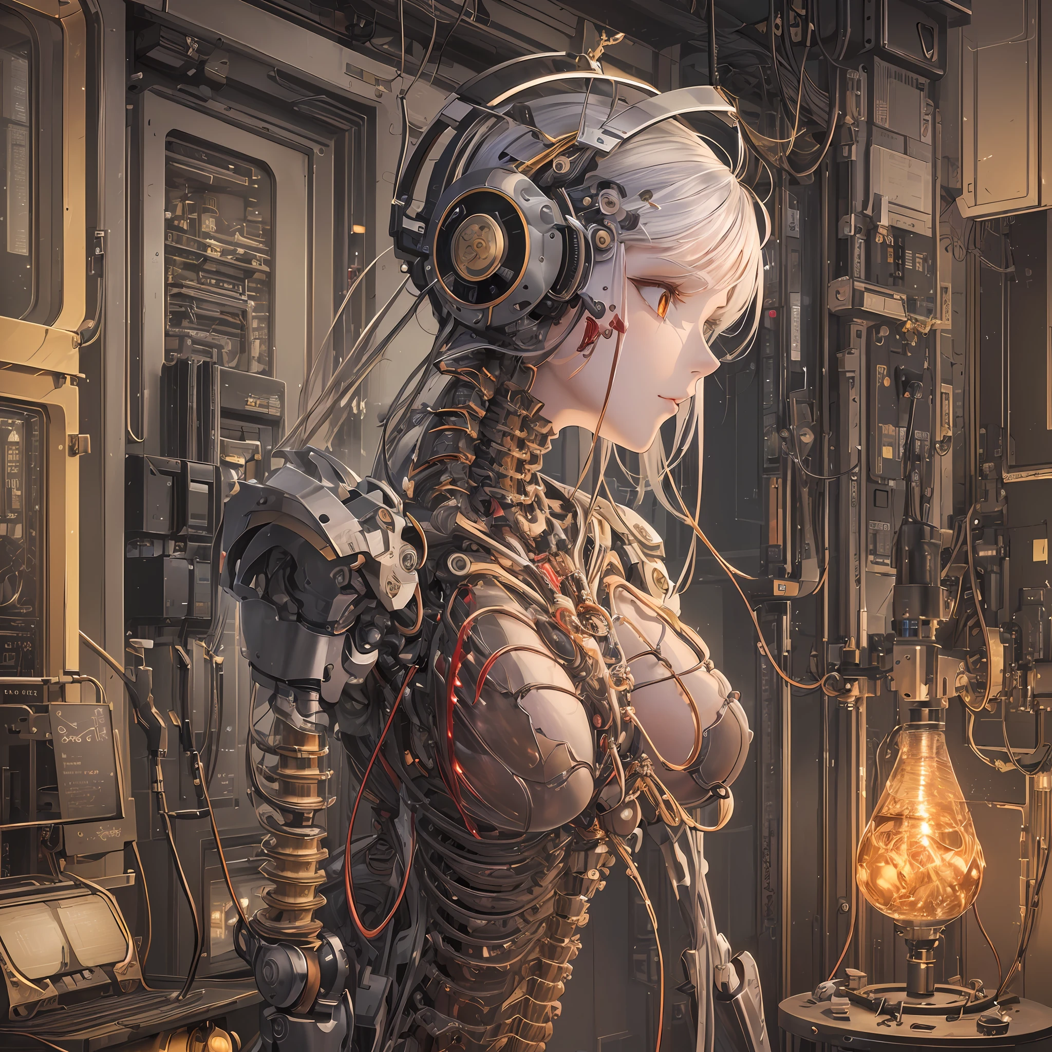 (((masterpiece))), ((best quality)), (ultra-detailed), (CG illustration), (an extremely devious and beautiful)), cinematic light, ((1 mechanical girl)), single, (machine-made joints: 1.4), ((mechanical limbs)), ( blood vessels attached to the tube), ((mechanical spine attached to the back)), ((mechanical cervical vertebrae attached to the neck), ((back to the viewer)), expressionless, (wires and cables attached to the head and body: 1.5), science fiction, the end times, --auto --s2